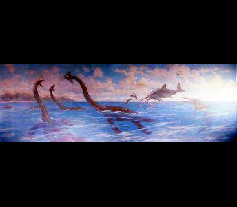 Three Plesiosaurus break the surface of a sea, one holding a fish in its mouth, while the others face off, open-mouthed. Two Stenopterygius, fish-shaped ichthyosaurs, leap out of the water with several smaller prehistoric fish, beneath a cloud dotted sky.