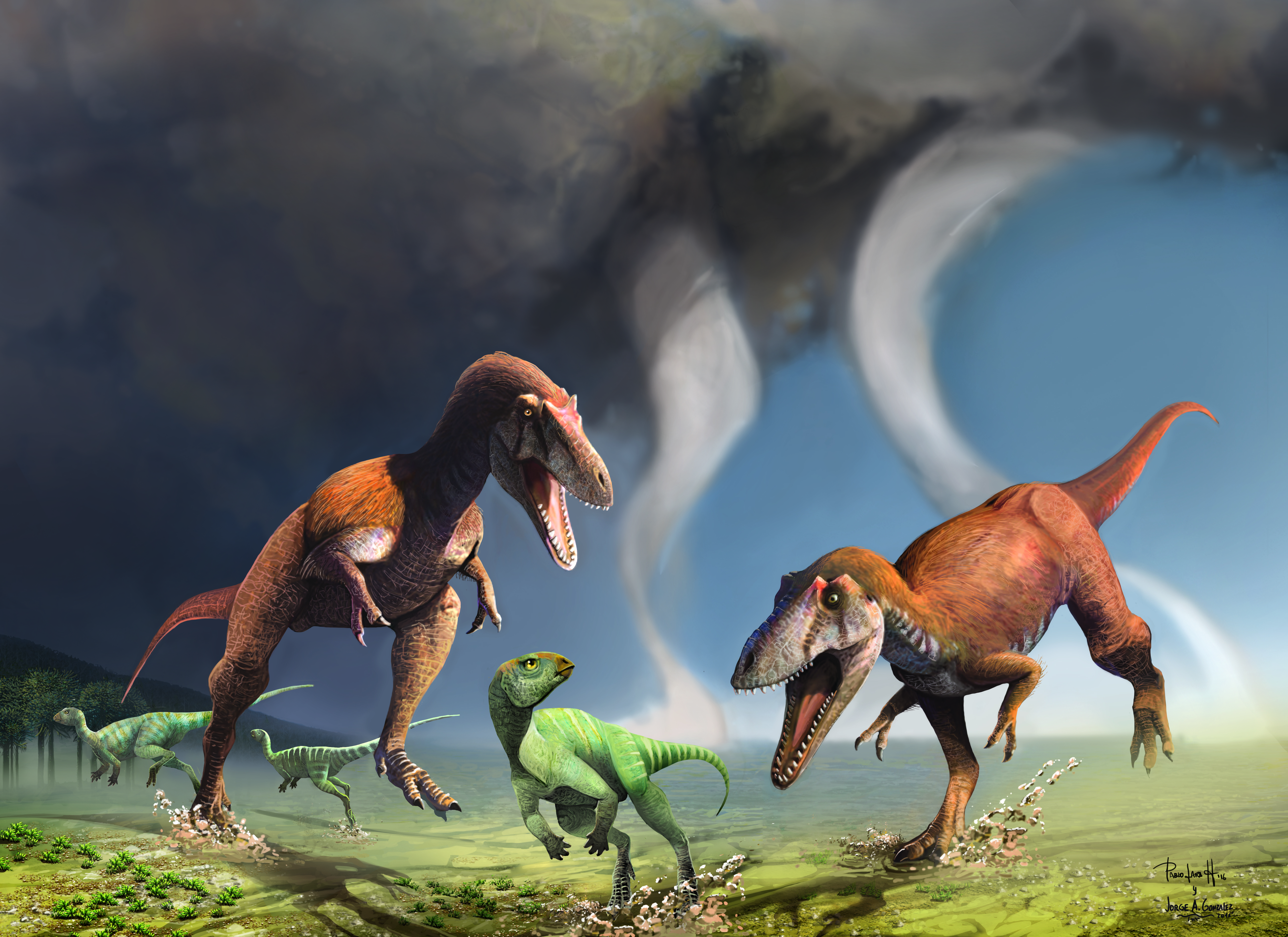 An artist's rendering of a small dinosaur being chased through a field by two larger dinosaurs, while two other small dinosaurs run away in the background.