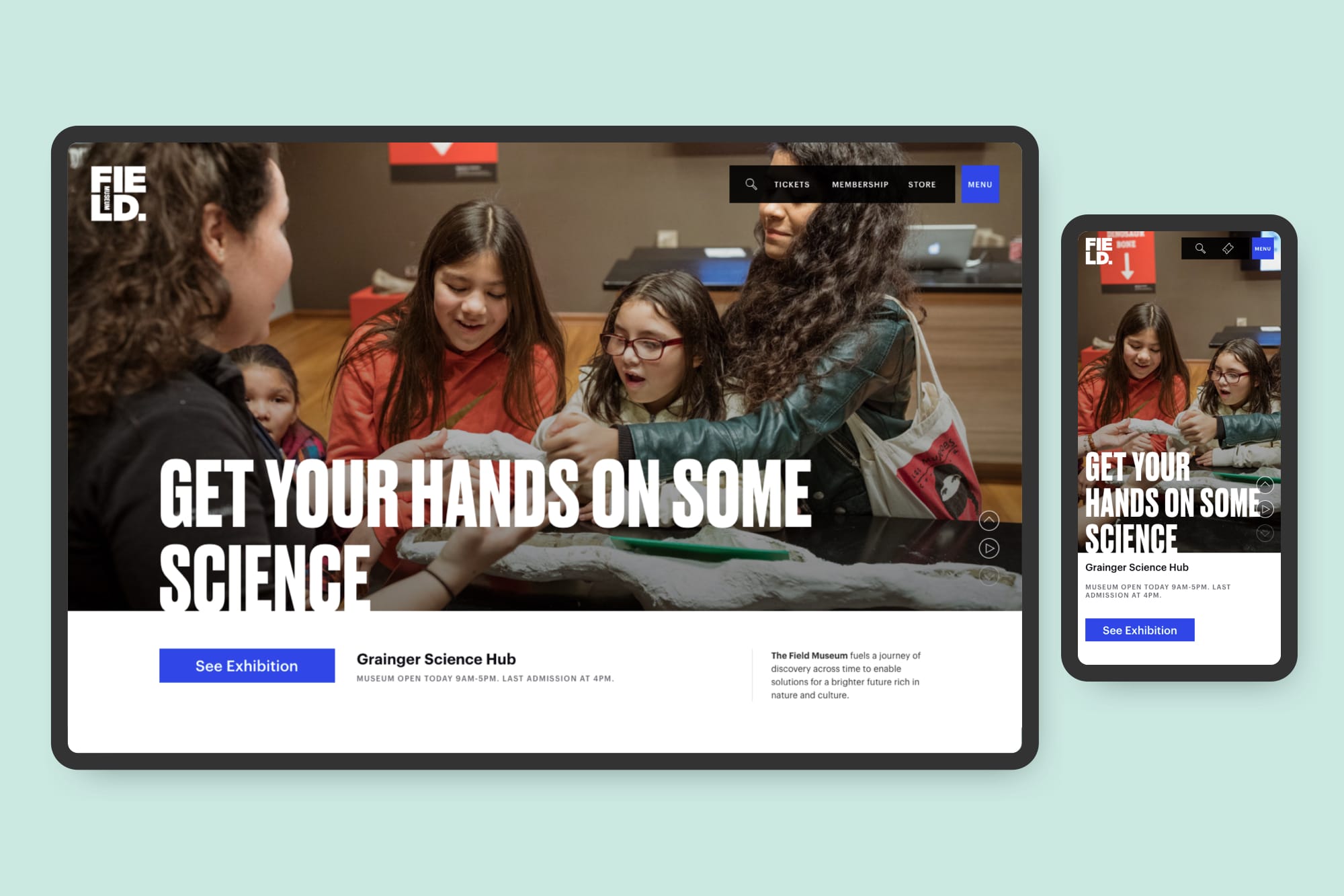 Screenshots of fieldmuseum.org's homepage, at a desktop resolution and a mobile resolution.