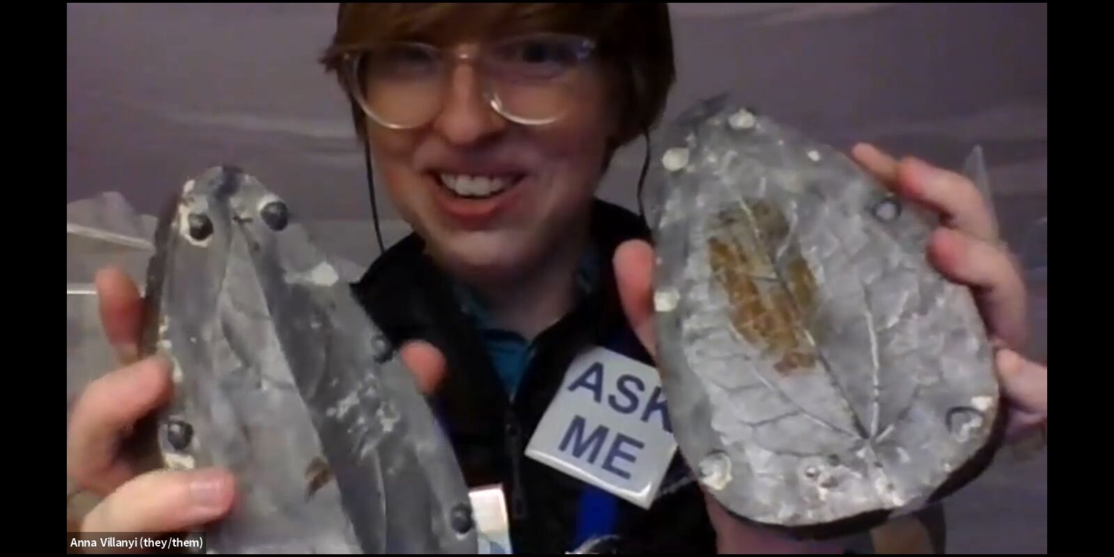 Field Museum educator Anna Villanyi holds a leaf mold for dioramas up to the camera to give a closer look to Discovery Adventures audience members.