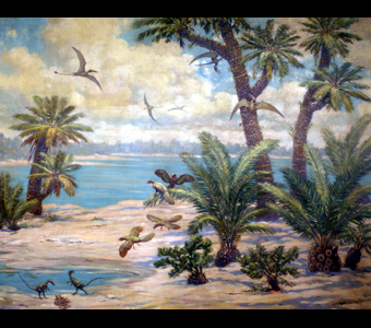 A tropical looking scene with prehistoric birds called Archaeopteryx, small carnivorous dinosaurs called Compsognathus, and long-tailed pterosaurs called Rhamphorhynchus. These creatures gather and fly around a body of water, with various sized palm trees