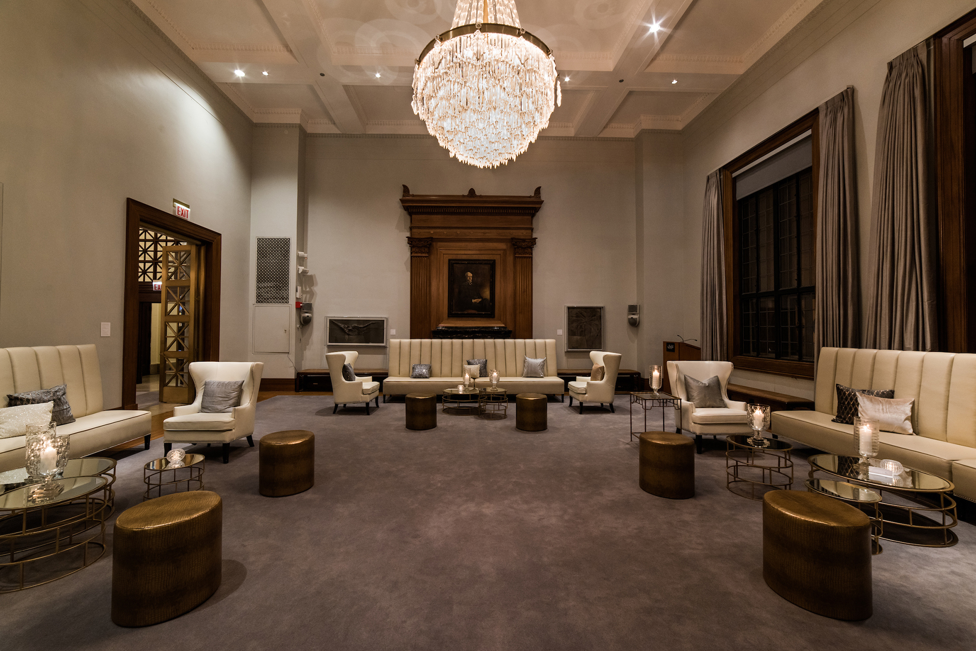 Founders' Room arranged for an event with a range of seating, including couches, chairs, and coffee tables.