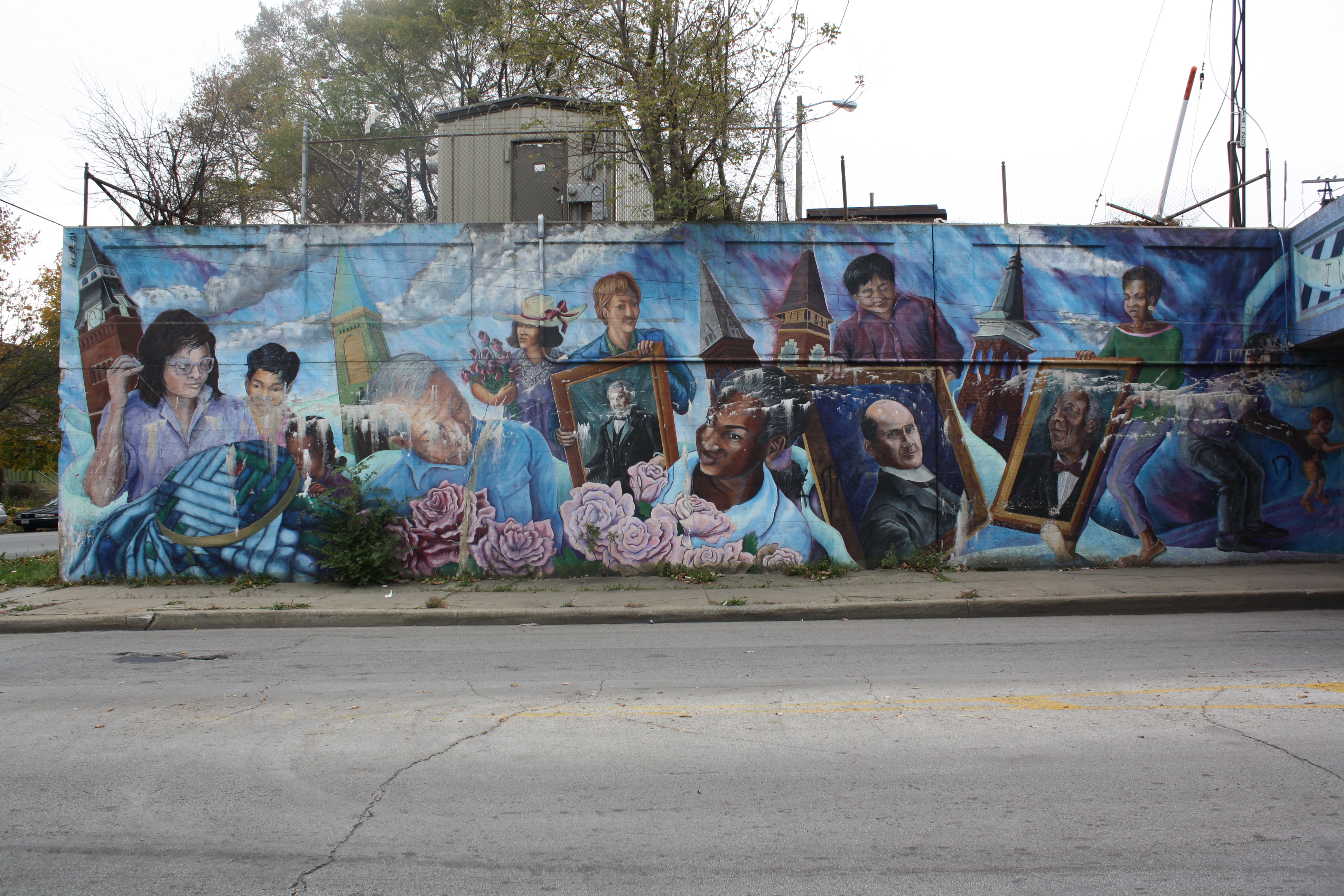 ECCo’s inventories highlight creative models that can be scaled up to engage residents in climate action. In Roseland, several community partners identified the arts as an effective way of addressing environmental education and engagement. “I Welcome Myself to a New Place” is one of Chicago’s largest community murals. Installed in 1988, it depicts the cultural heritage traditions of Roseland and Pullman. It also portrays the historical significance of the region first as a farming community and then as a center for labor activity.