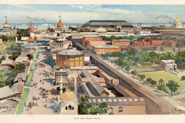 Colorfully painted postcard with an aerial view of the 1893 World's Fair. There are rows of different buildings, some with tall domes, and Lake Michigan is visible in the background. The caption reads, View from Ferris Wheel.