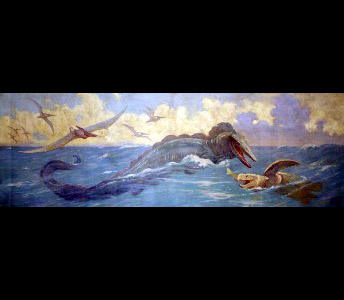 Lizard Tylosaurus; turtle Protostega, flying reptile Pteranodon.  Late or Upper Cretaceous Seas Mesozoic; Marine reptiles. Charles R. Knight painting. ID# CK24T