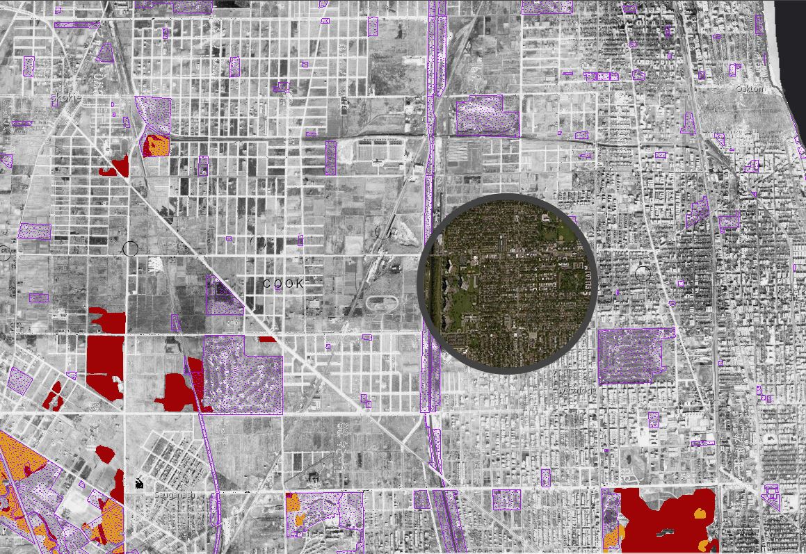 Image of the interactive map featuring 1939 imagery compared with current imagery