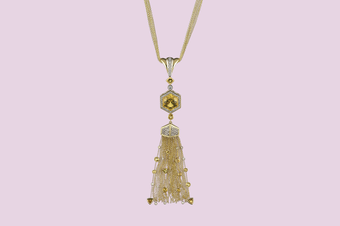 “Sunlit Diamonds and Fringe,” a heliodor pendant designed by Ellie Thompson of Ellie Thompson & Co., features an 8.3-carat centerpiece heliodor stone from Tajikistan. It is set in 18-karat yellow gold with 100 small diamonds and 14 smaller heliodors.