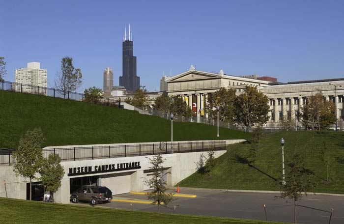 Entrance to Soldier Field parking garage with Field Museum visible in background