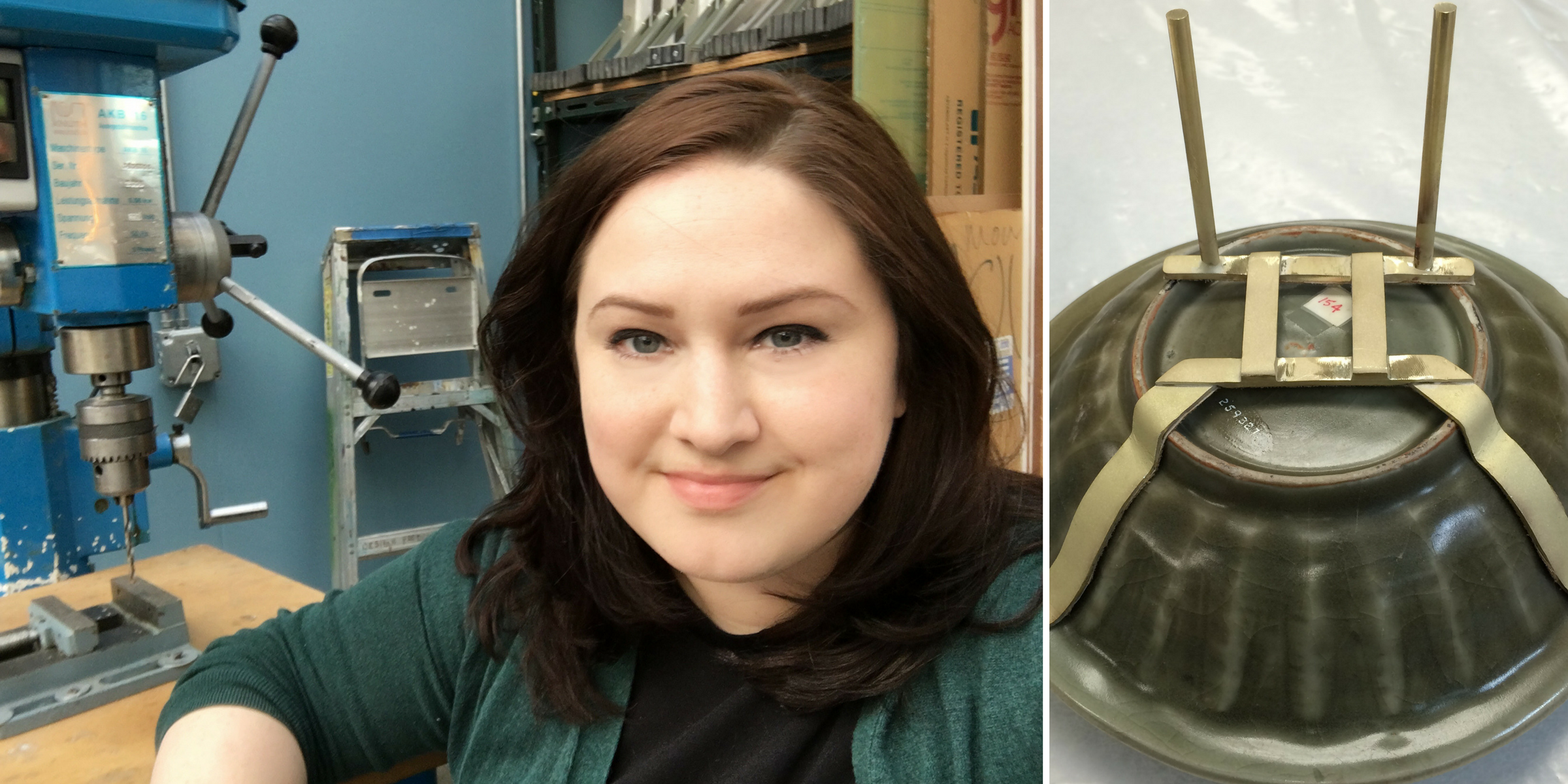Two photos side-by-side: A women sitting in front of a large drill, and a bowl with a gold bracket attached to it, for display