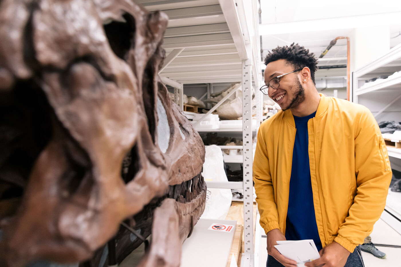 A visitor takes a close look at a fossilized skull. He stands beside the skull, between a row shelves containing other fossil specimens in the Field Museum's collection.