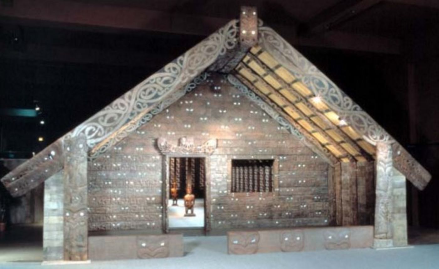 Ruatepupuke II – This wharenui or Maori meeting house from Tokomaru Bay, New Zealand was included in the collections purchased by George A. Dorsey from J. F. G. Umlauff in 1905.  Catalog Number 967.143961.  *© The Field Museum, A112518c, Photographer .*