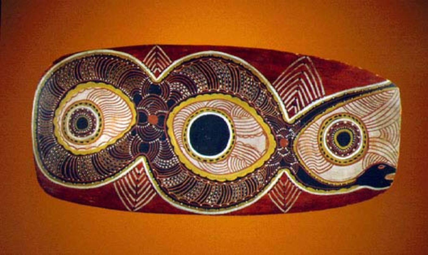 Red, black, yellow and white painting of an undulating snake design on an oblong  piece of eucalyptus bark.