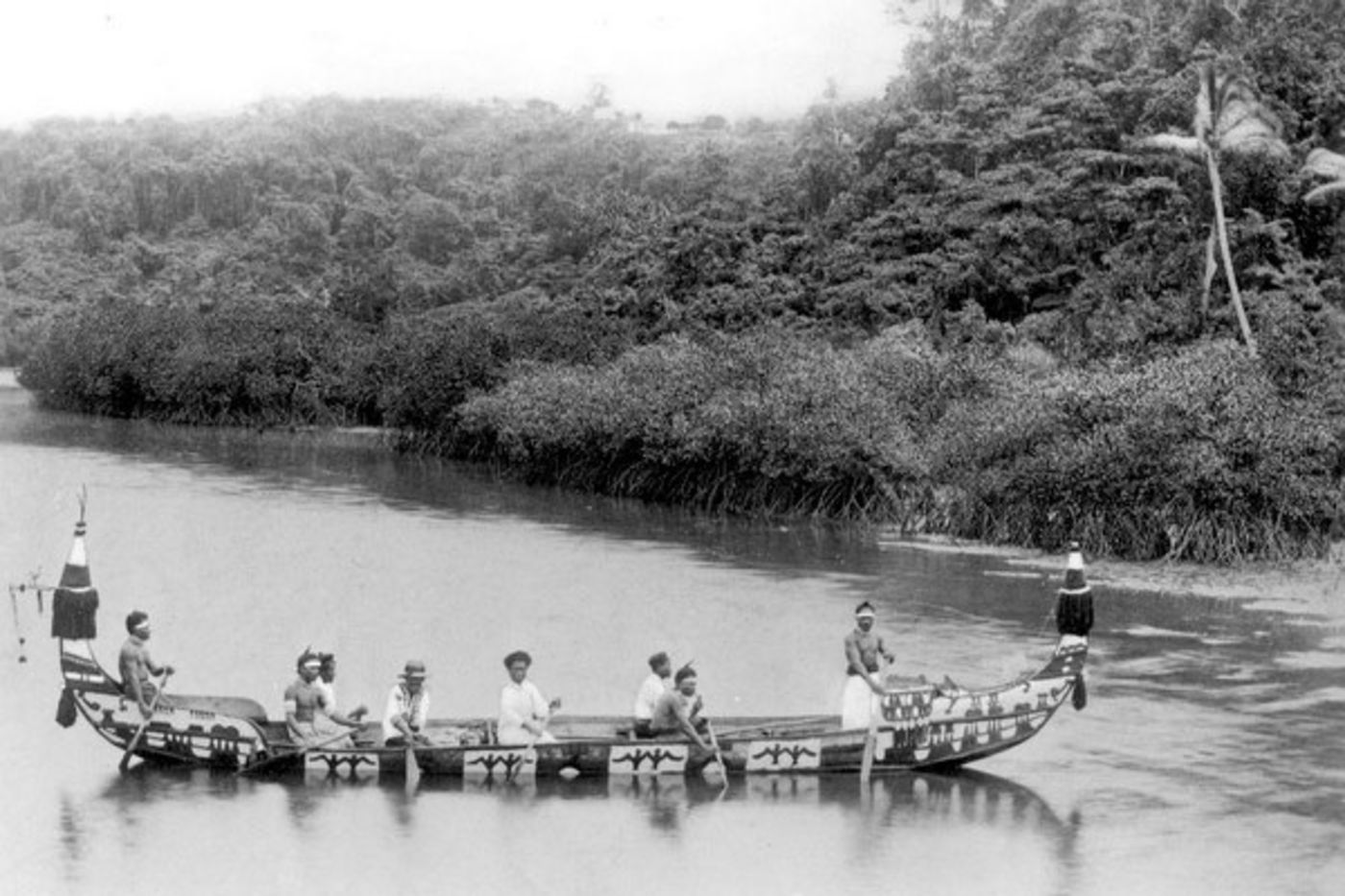 Canoe from the central Solomon Islands.  A photograph that was probably displayed at the World’s Columbian Exposition in 1893 as it accompanied the J. G. Peace collection (Accession 9)exhibited at the Fair. © The Field Museum, CSA18176, Photographer J. G. Peace.**