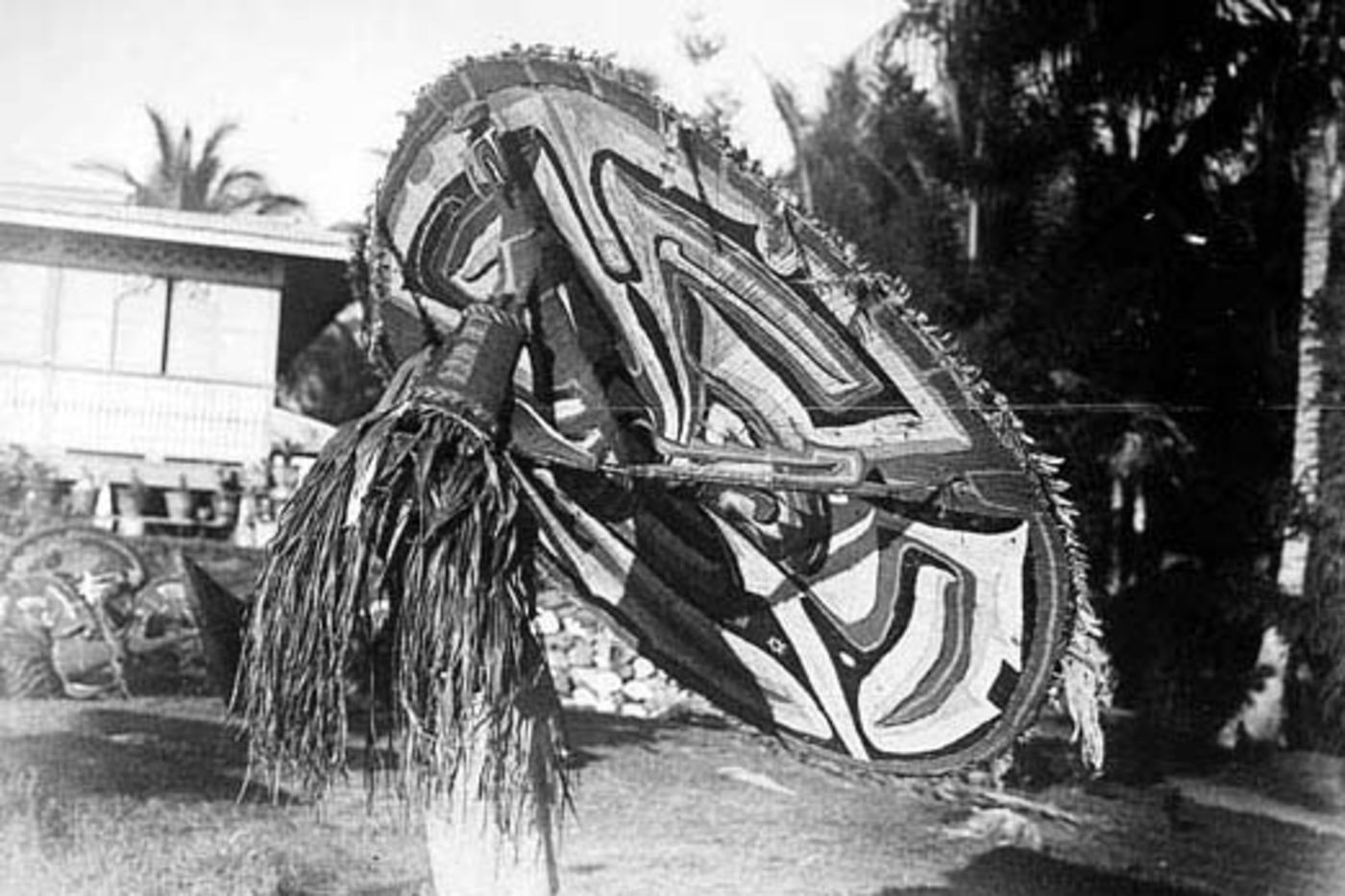 Man with Sulka hemlaut mask on lawn outside of Mrs. Richard Parkinson's house in New Britain in September of 1910.  Mrs. Parkinson assisted A.B. Lewis in many ways on his Expedition, obtaining more than 75 items for the Museum’s collections that Lewis purchased.Catalog Number 1113.138910. Photo Archives ID# CSA33584.