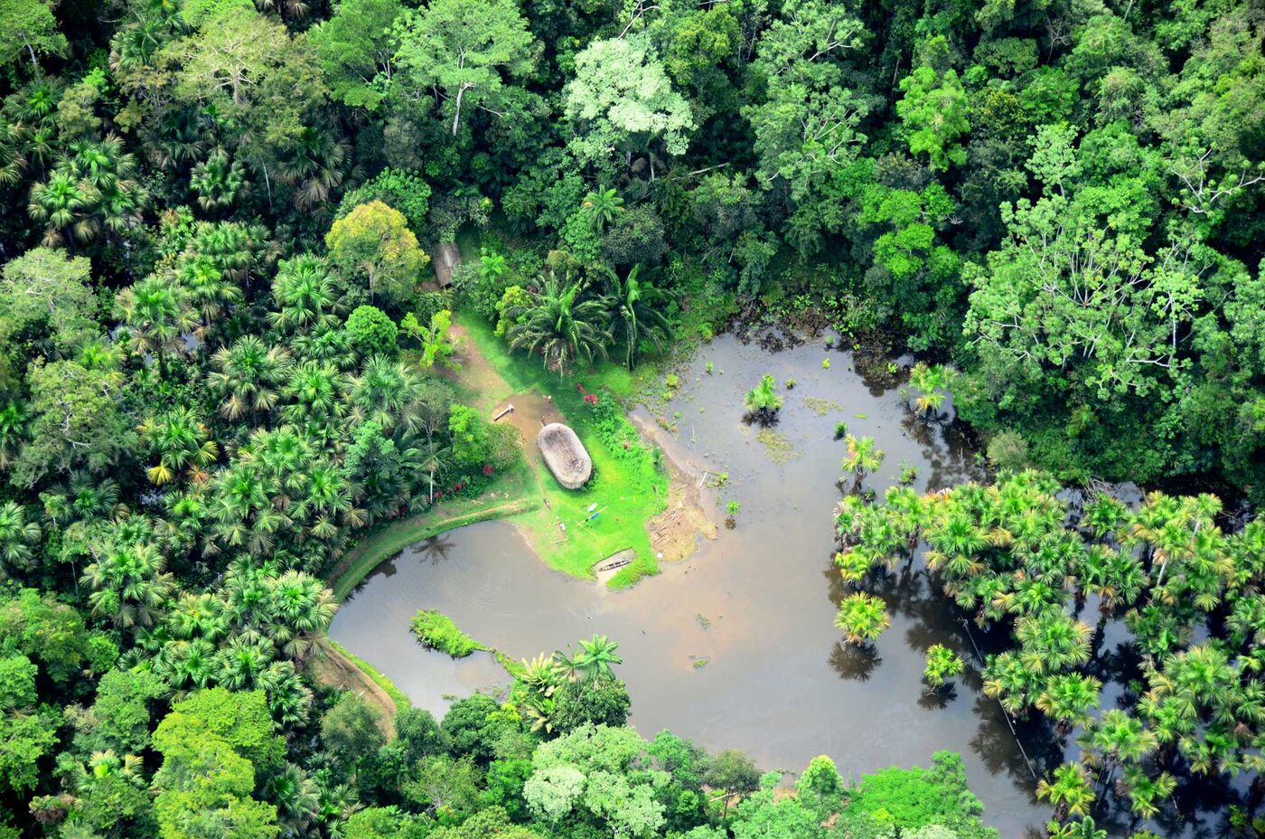 An aerial view of a waterside settlement in the Peruvian rainforest.