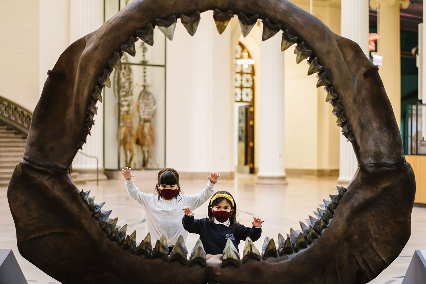 Two children wearing face masks stand behind a megalodon jaw.