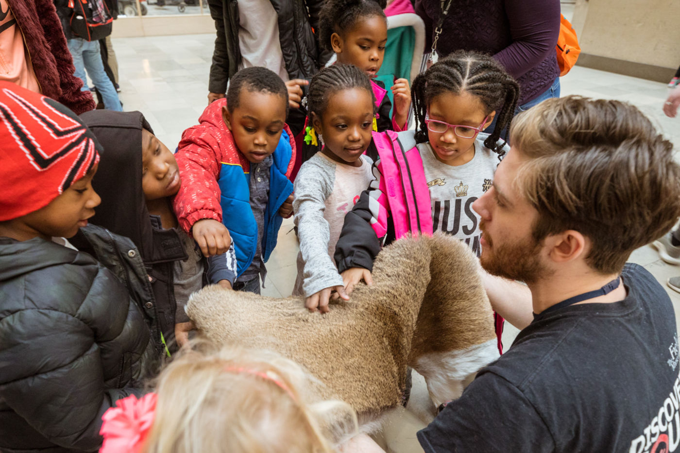 Preschoolers gather around a volunteer and touch a piece of fur he is holding.