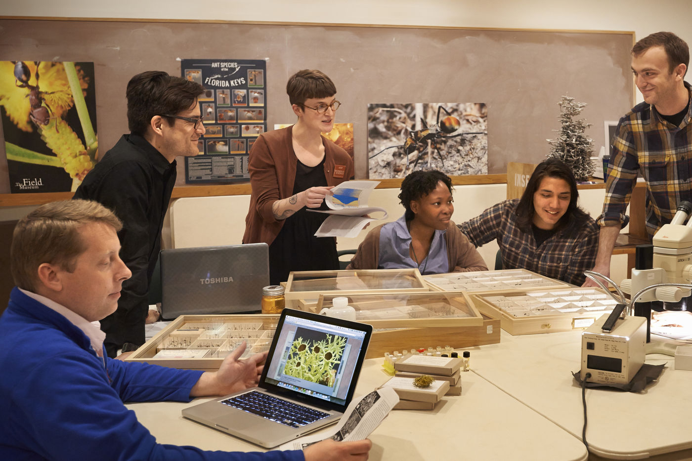 A group of scientists gather in a classroom to study and analyze specimens related to their research.