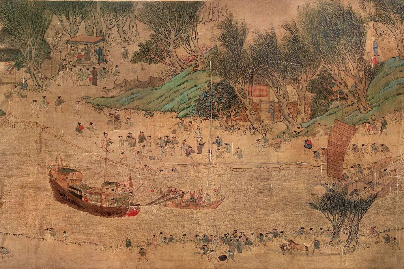 A section of the Qingming scroll depicting life and work near the Grand Canal during the Sui Dynasty (589–618 AD)