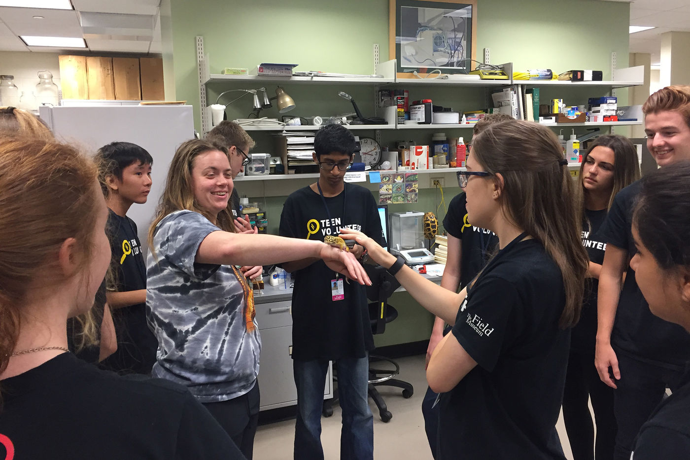 A group of teens surround a teen who, on the back of her outstretched hand, has a small reptile that another teen is touching.