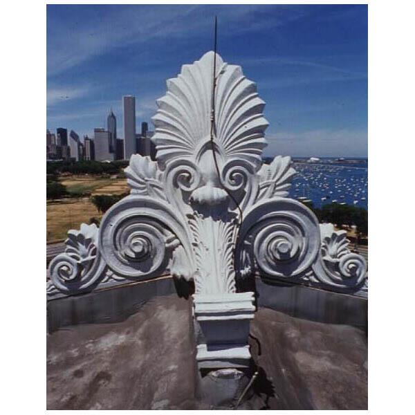 Architectural ornament, called Antefixa, on the roof of The Field Museum, view looking north, taken from the roof.