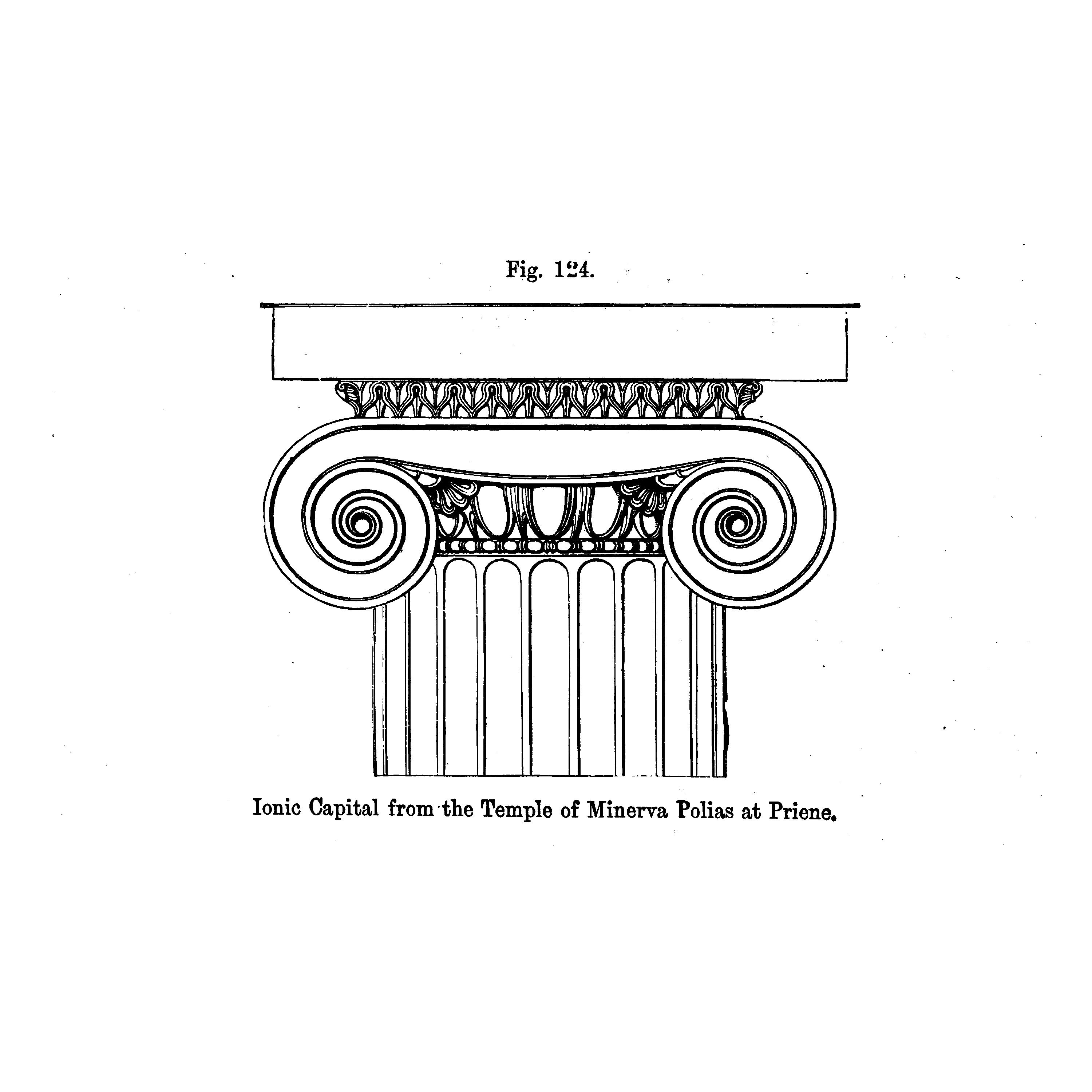 An architectural rendering of the top detail of an Ionic column, from A Handbook of Architectural Styles, 1809.