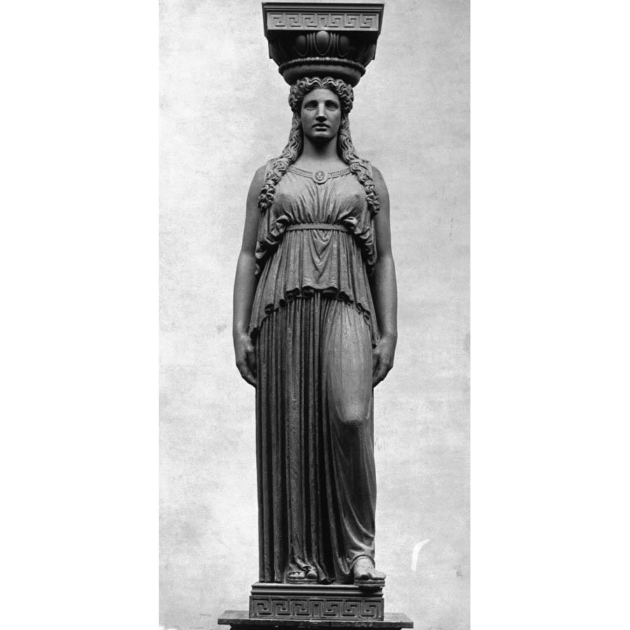 Female Caryatid statue with her left knee bent. Shown prior to installation on The Field Museum building exterior. Sculptor, Henry Hering.