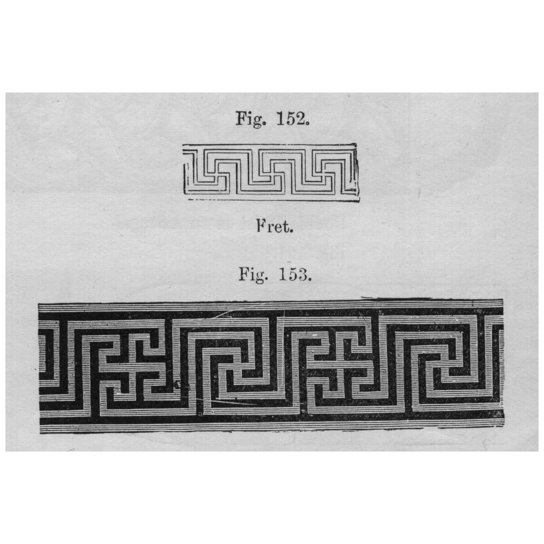 An architectural rendering of a Greek fret, also called a meander, is a decorative border created from one continuous line forming a repetitive pattern.