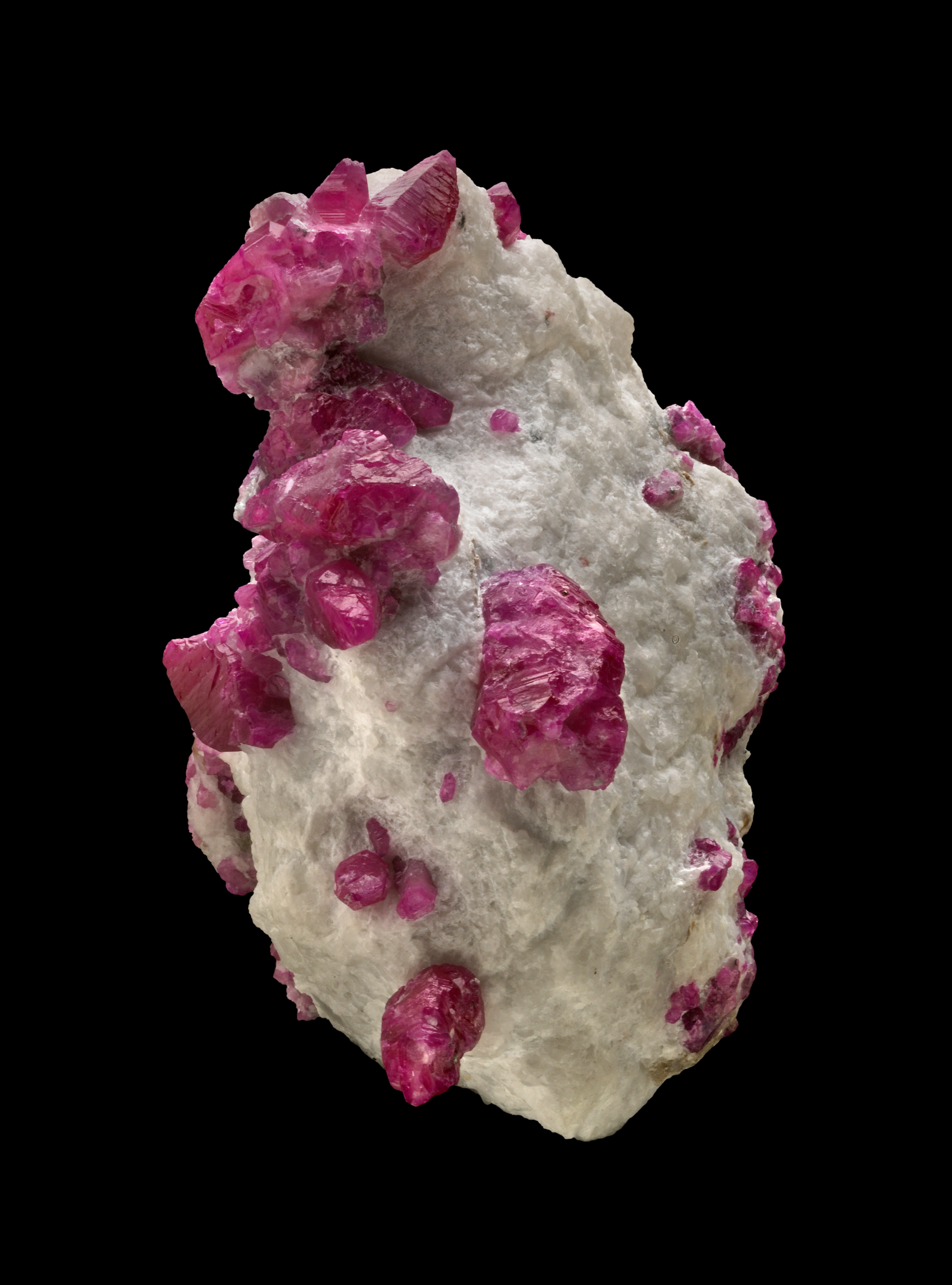 Several natural crystals of ruby in an irregular shaped white marble matrix. 