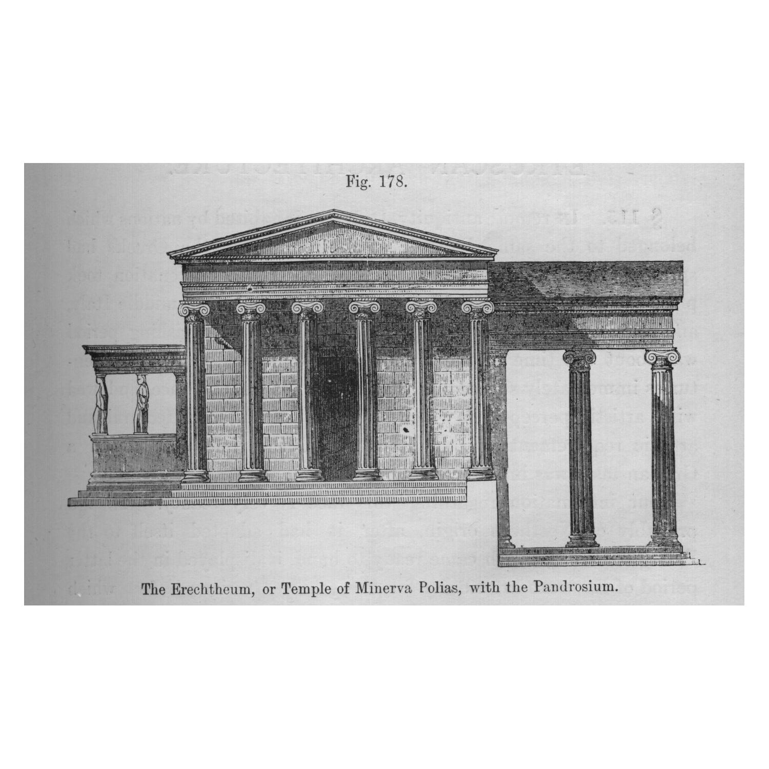 An architectural rendering of the Erechtheum in Athens, which provided inspiration for the ionic columns, caryatid porches and overall design of the Field Museum. From the 1809 book A Handbook of Architectural Styles.