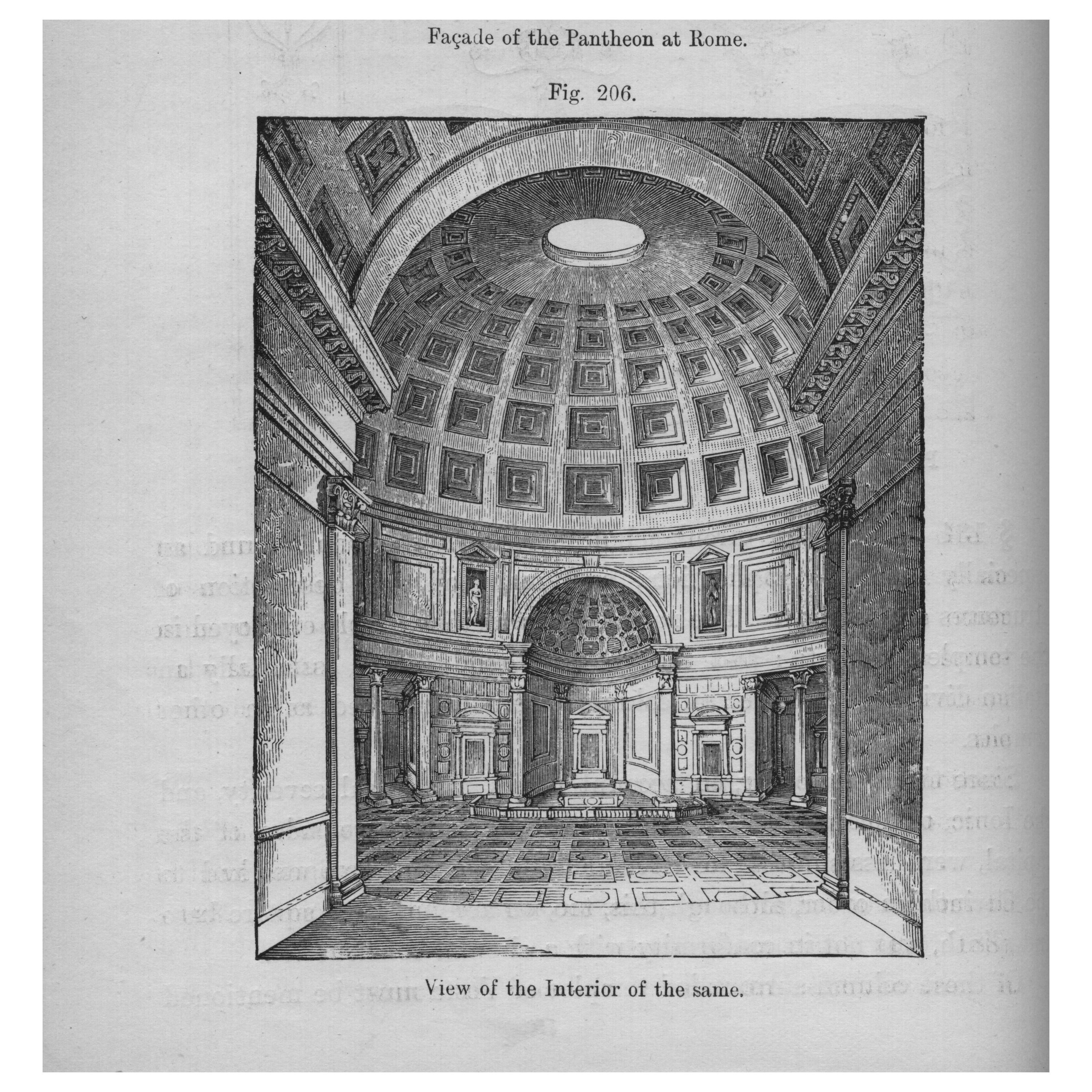 An architectural rendering of the apse from the Pantheon at Rome, with its coffered panel ceiling and intricate details, inspired the apse located at the north end of Stanley Field Hall. From A Handbook of Architectural Styles, 1809.