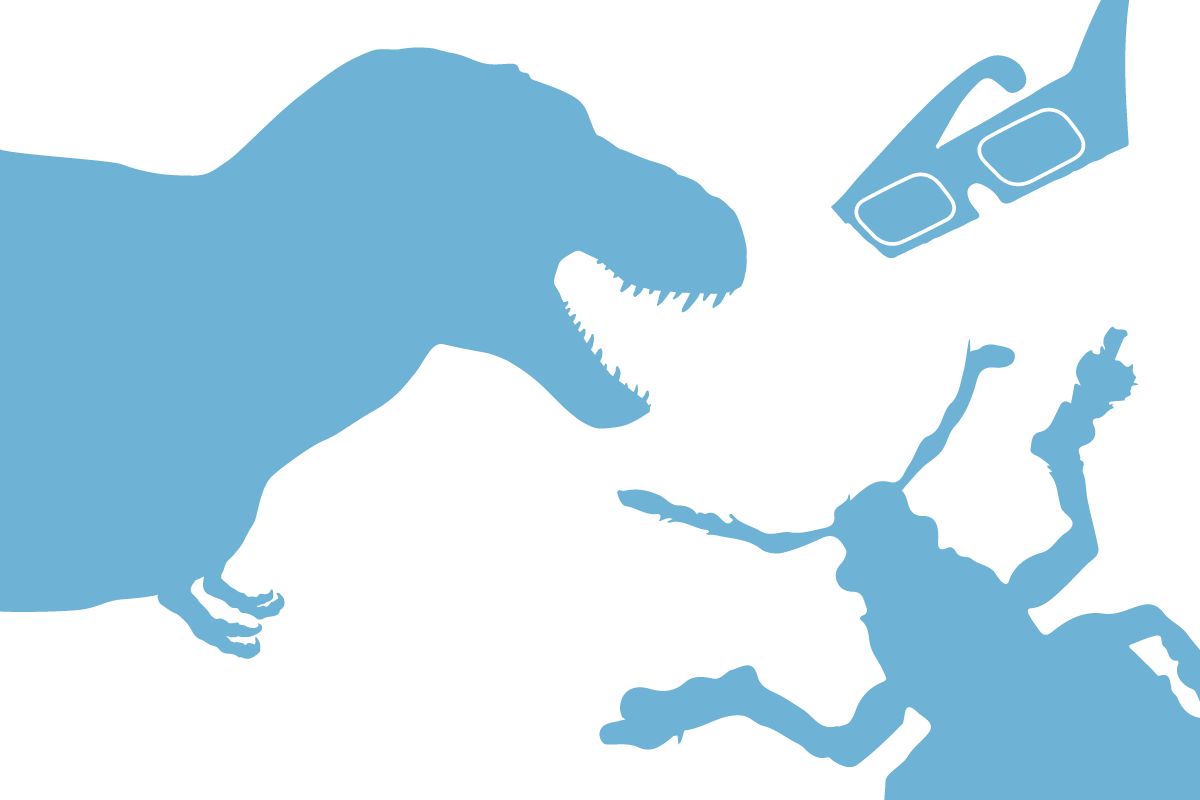 All Access Pass Ticket image Discovery Ticket image with silhouettes of a dinosaur, a beetle and 3D glasses.