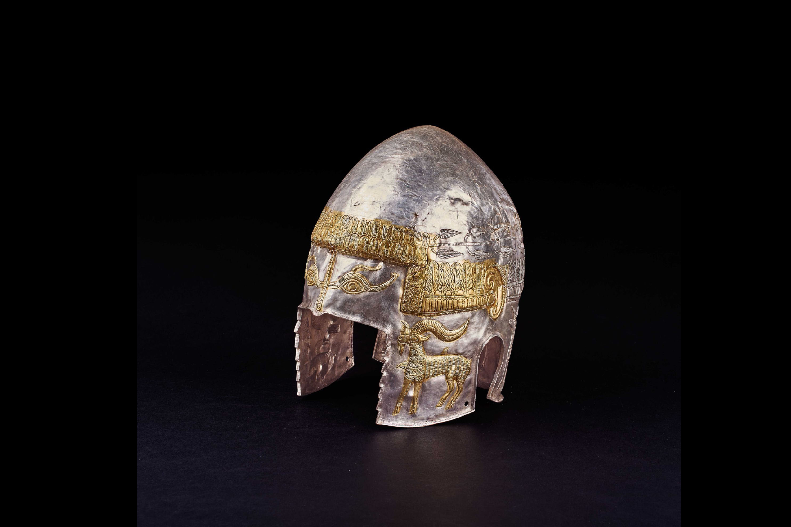 A gold and silver helmet