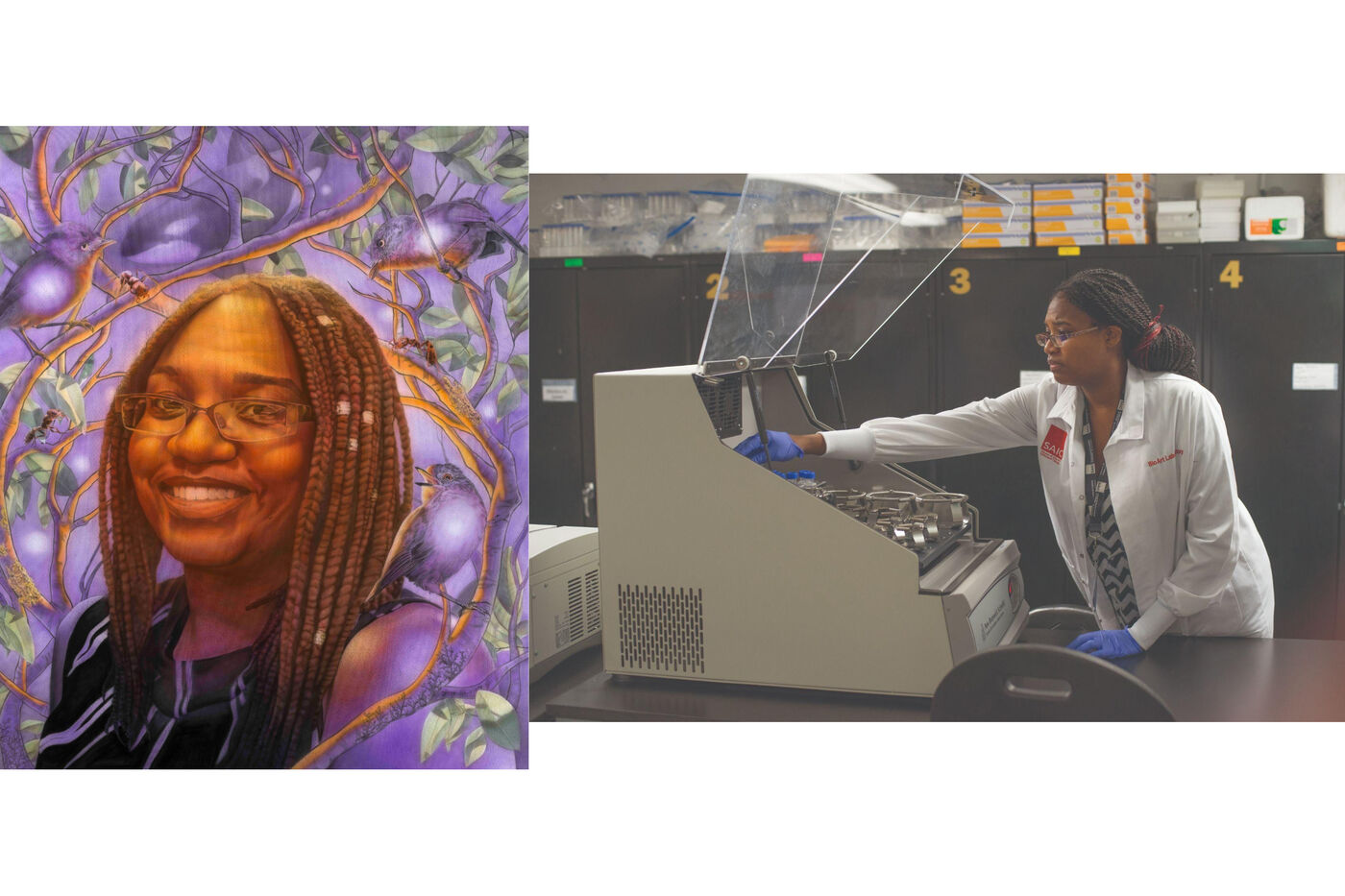 On the left is a painted mural portrait of Lynika Strozier; on the right, a woman wearing a white lab coat leans into a piece of lab equipment that is on a table in a laboratory classroom.