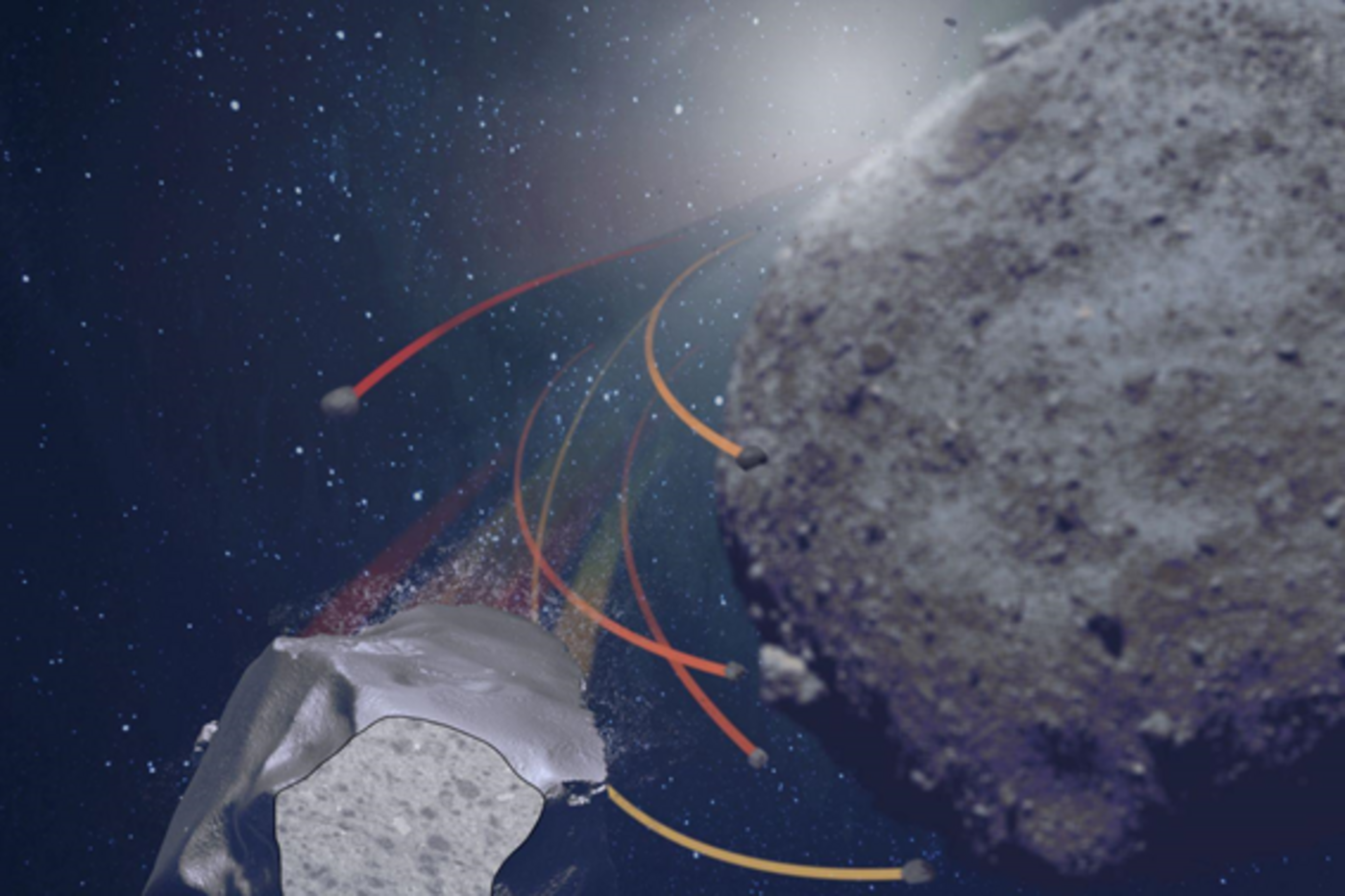 Artistic depiction of pebble mixing process from the Aguas Zarcas parent body. Pebble-sized fragments get ejected and redeposited on the asteroid surface.