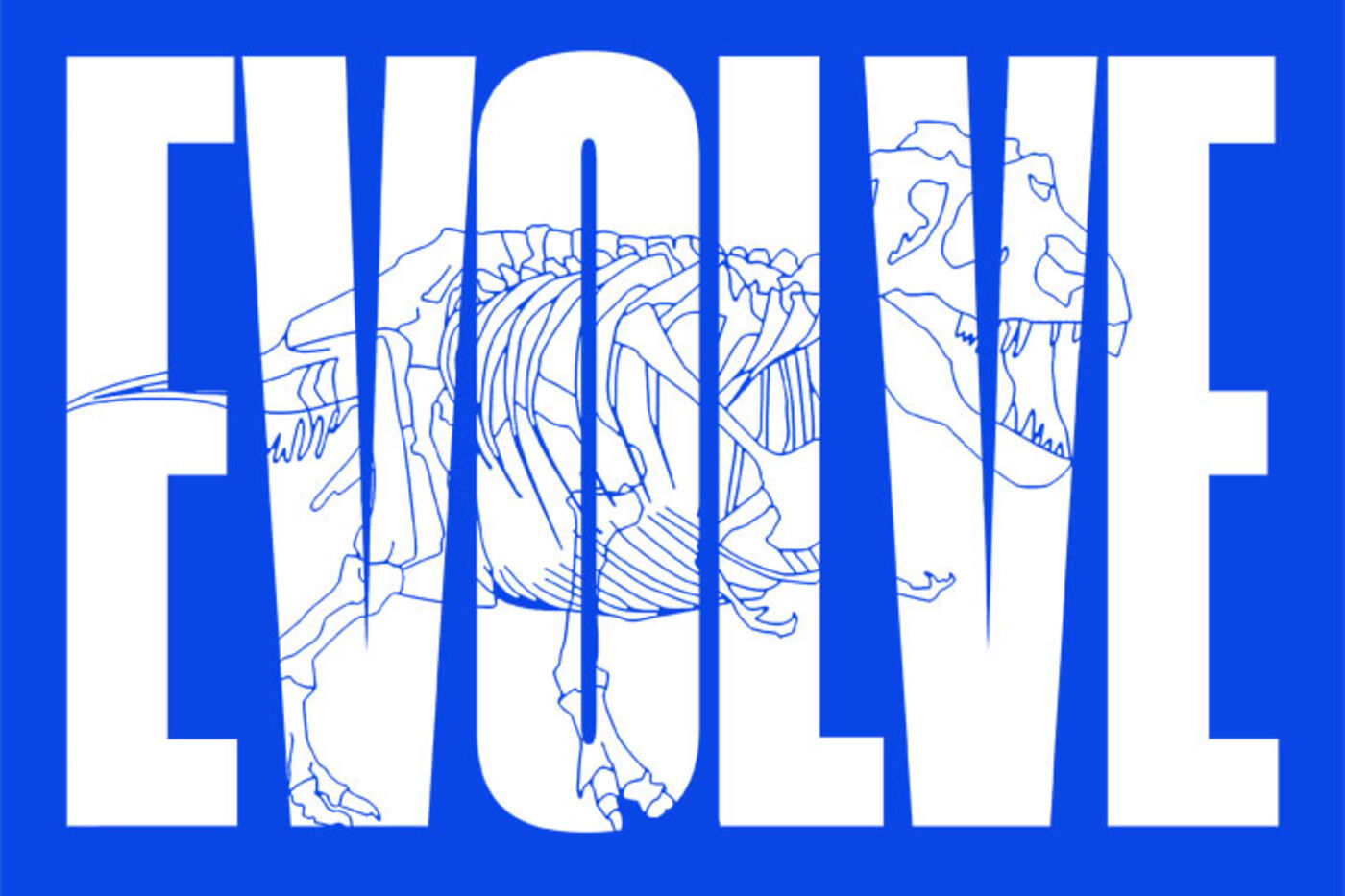 Blue and white logo with large EVOLVE in white. Blue line drawing of SUE fossil behind.
