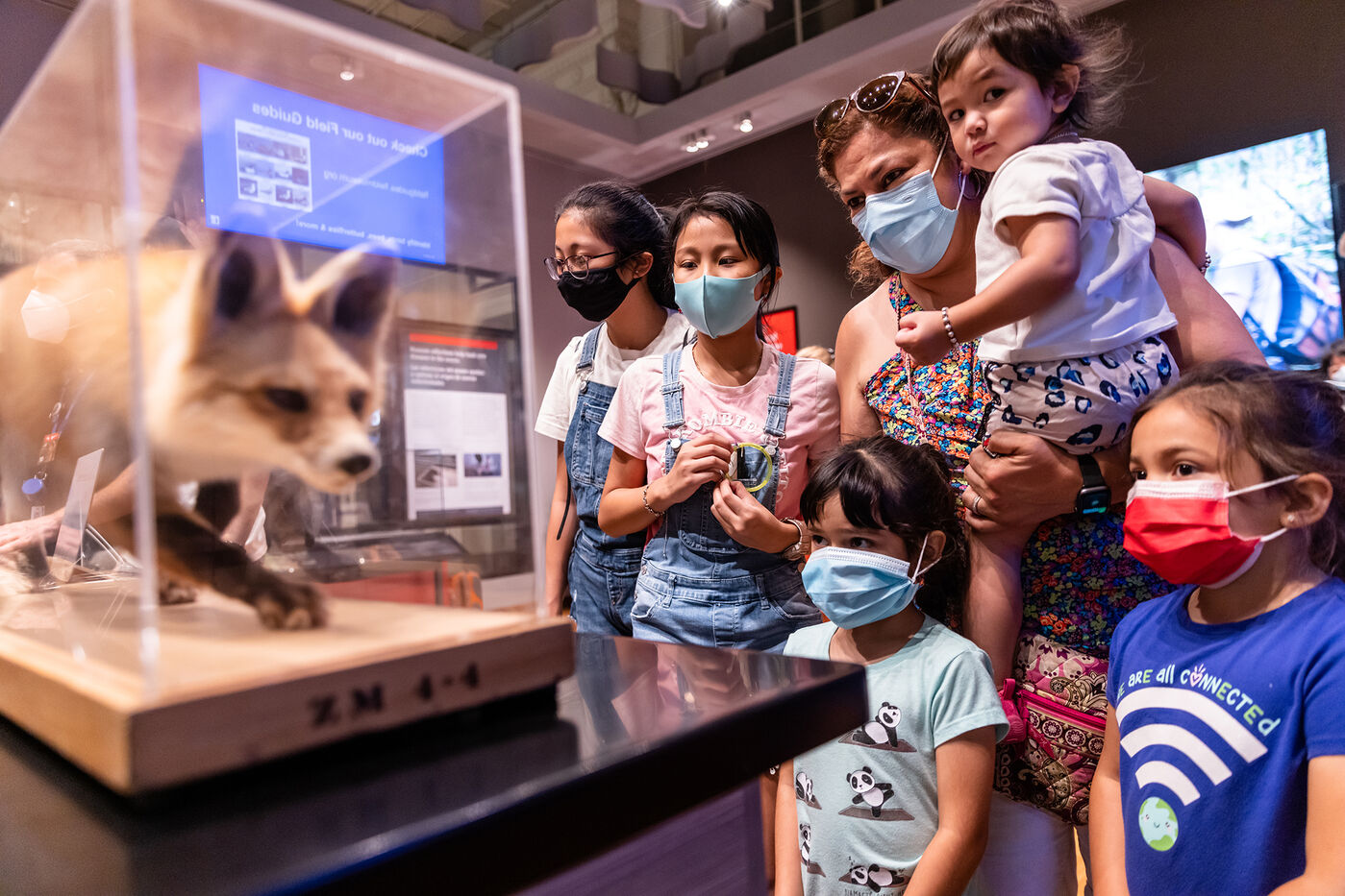 A woman holding a toddler while several other children stand with her, all looking at a museum display case.