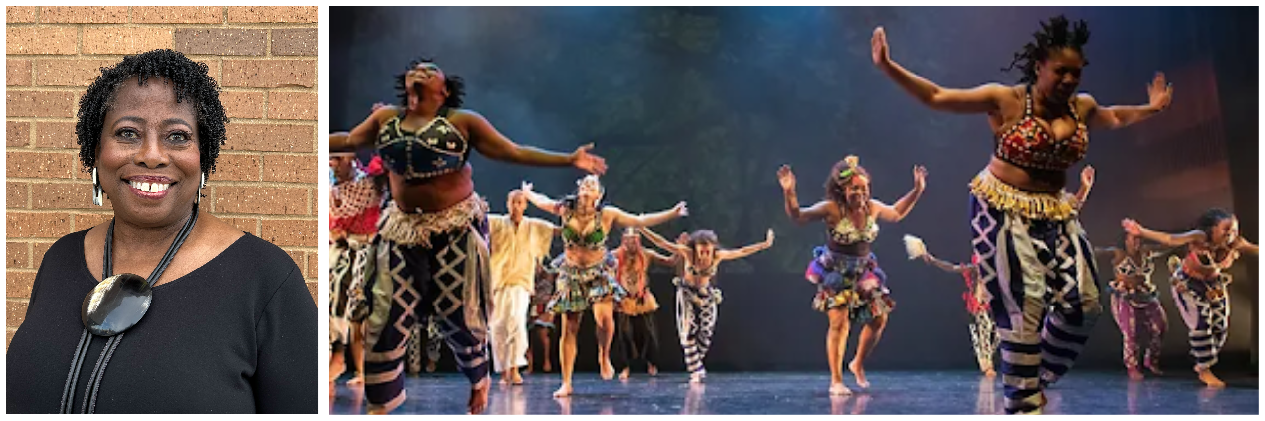 Two panel image; Right, a smiling woman wearing a black shirt and necklace stands in front of a brick wall. Left, a group of dancers performing on a stage.