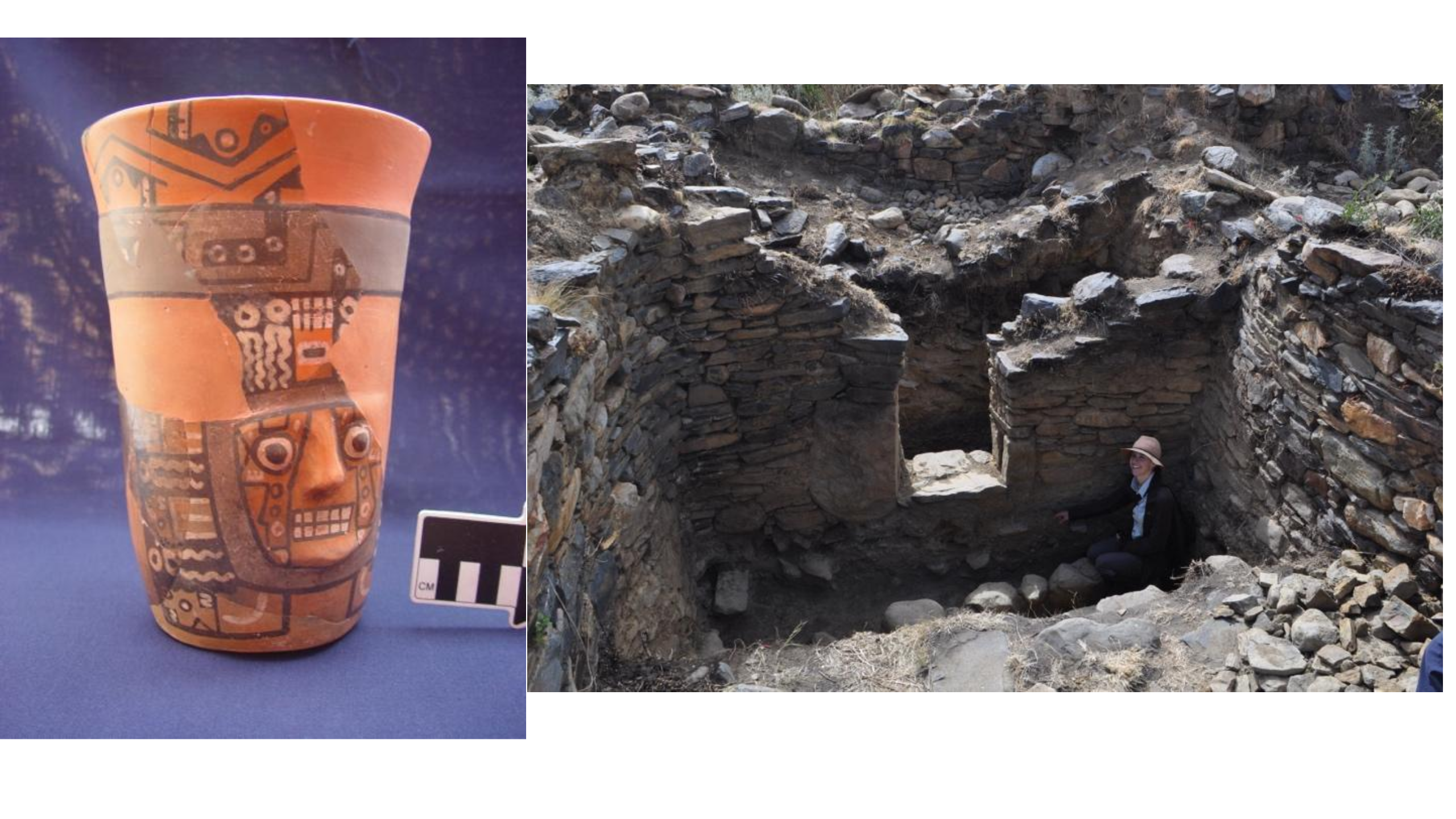 L.,Example ceramic drinking cup. Terra cotta colored, with black painted designs, including a face. Right: A person stands inside an ancient ruins an archaeological site.