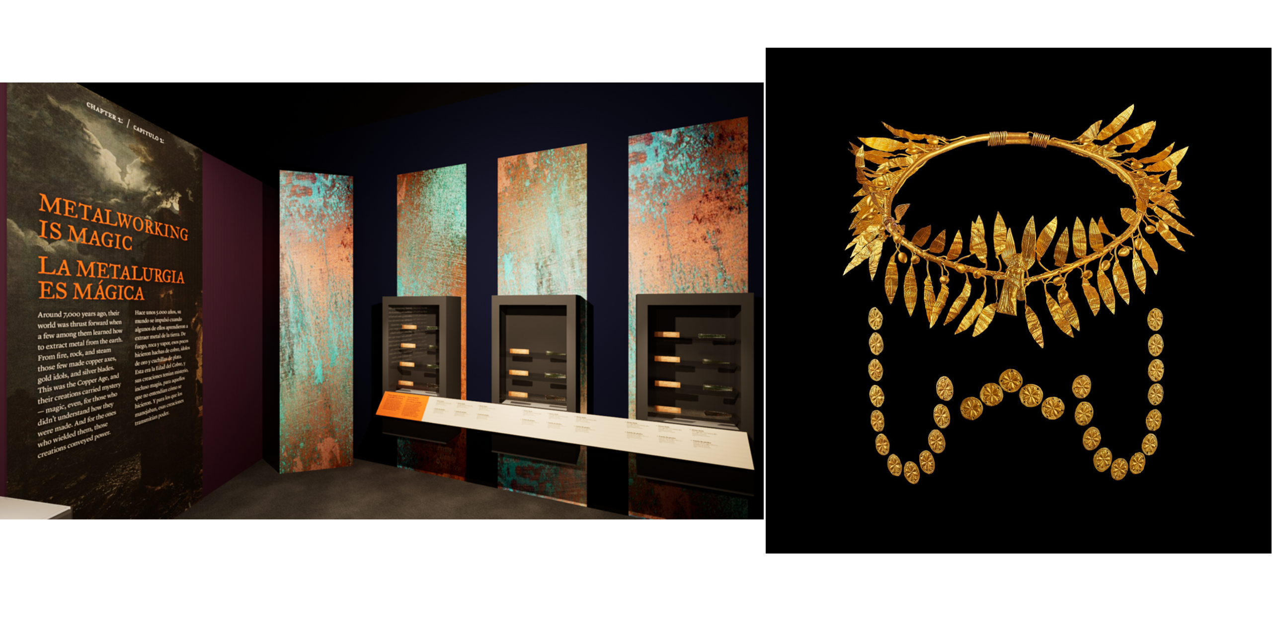 left, museum gallery with graphic panels and display cases; right, gold crown on a black background