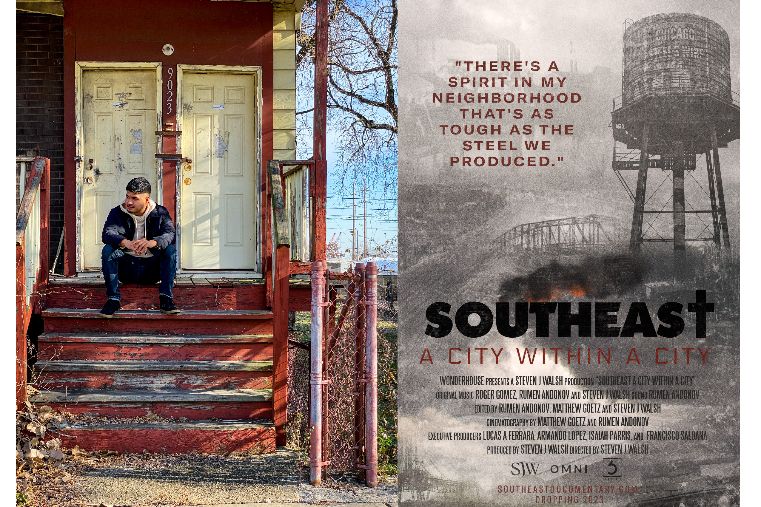 left, A man sitting on wooded steps of a house. right, movie poster for the film Southeast: A City within a City