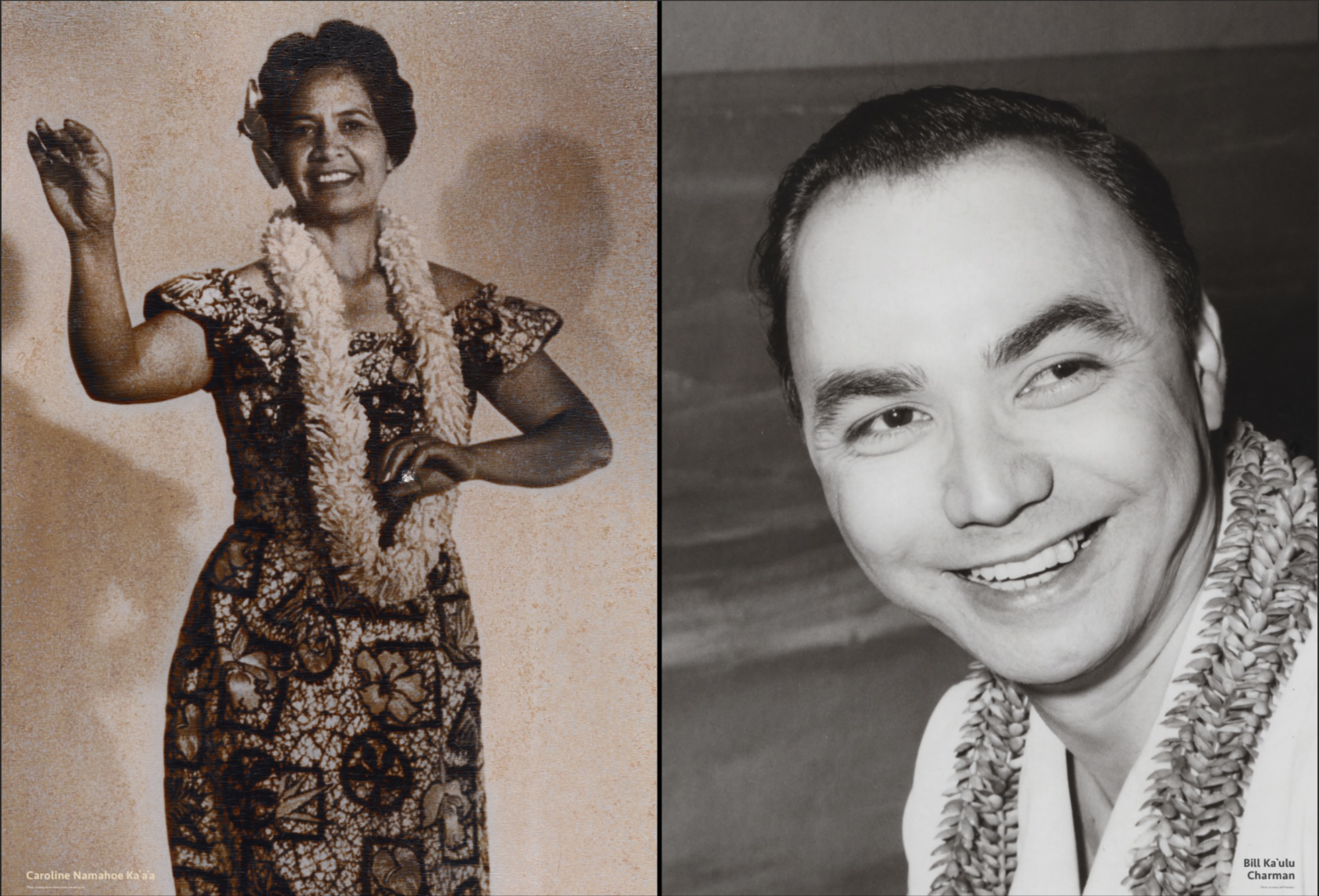 right, a woman gestures with her hands, wearing a flower lei and patterned dress; left, a man smiling.