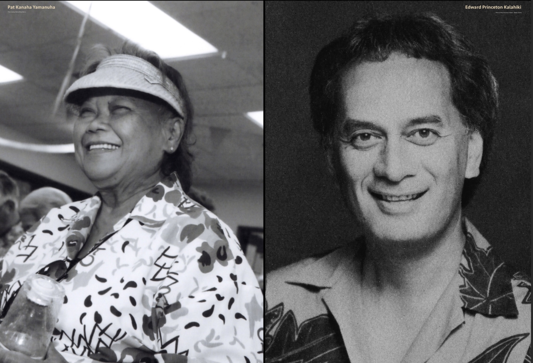 right, a woman wearing a visor and patterened shirt; left, a man smiling, wearing a patterened shirt