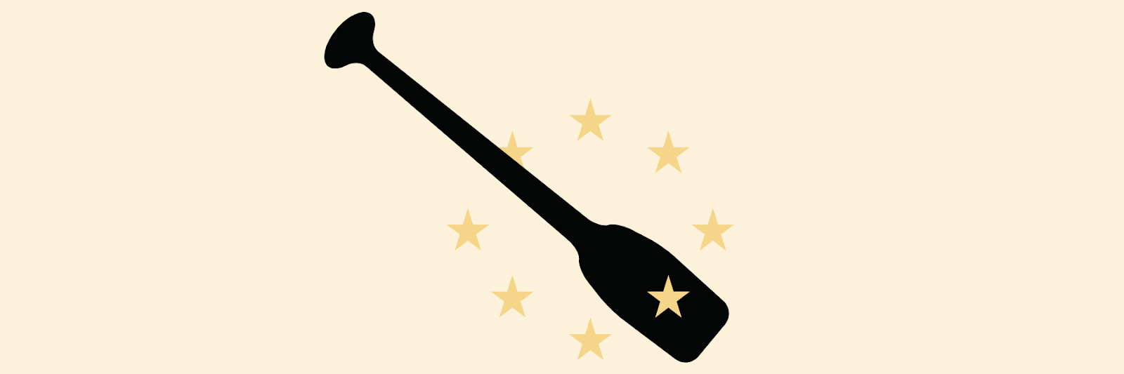 a black oar on a pale yellow background, with a ring of gold stars