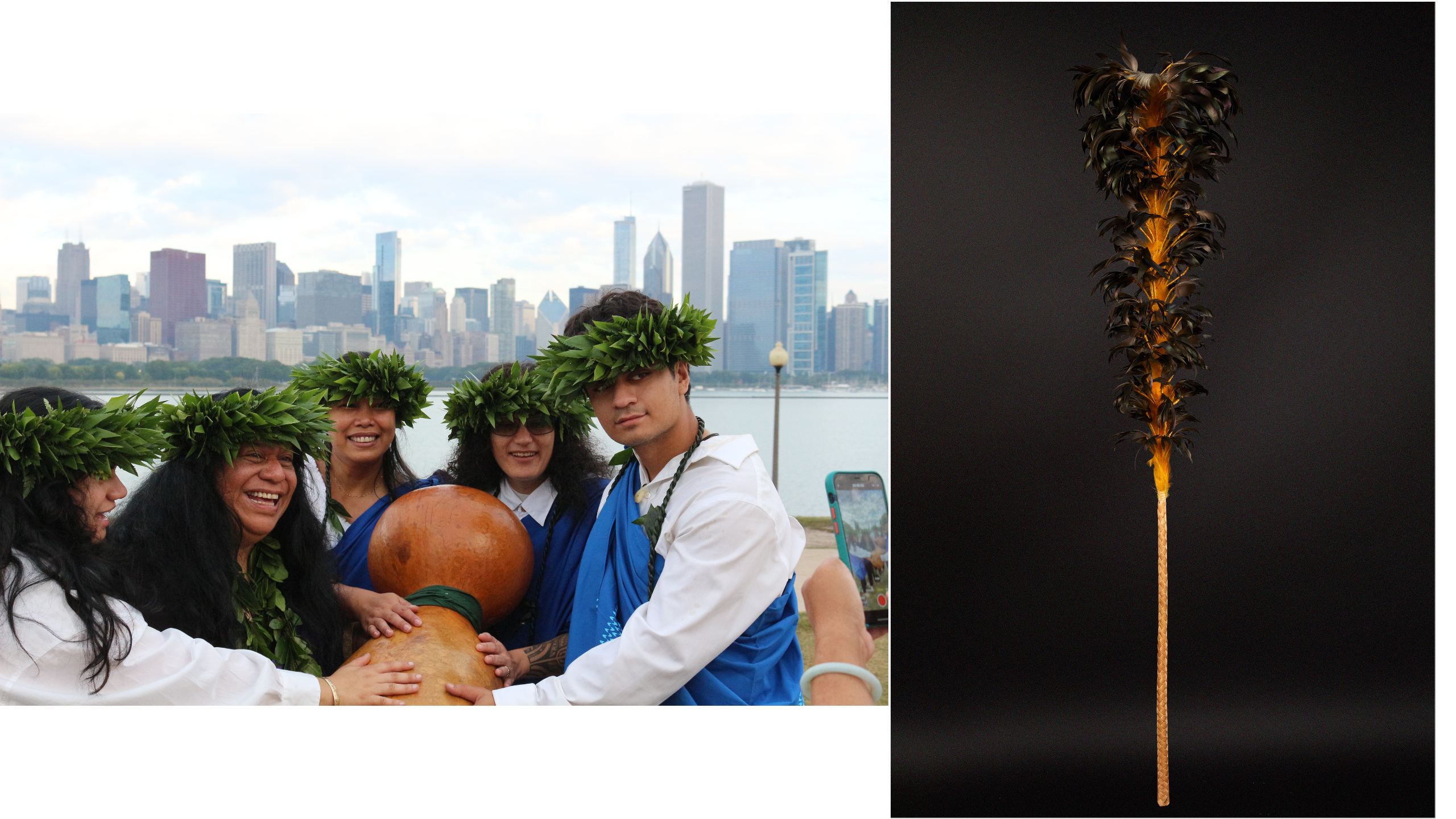 Left: Hula practitioners gather around an ̀ipu heke, a traditional Hawaiian percussion implement made from two gourds. Right: A kahili—the sacred royal standard of the Hawaiian monarchy—made of wood and feathers.