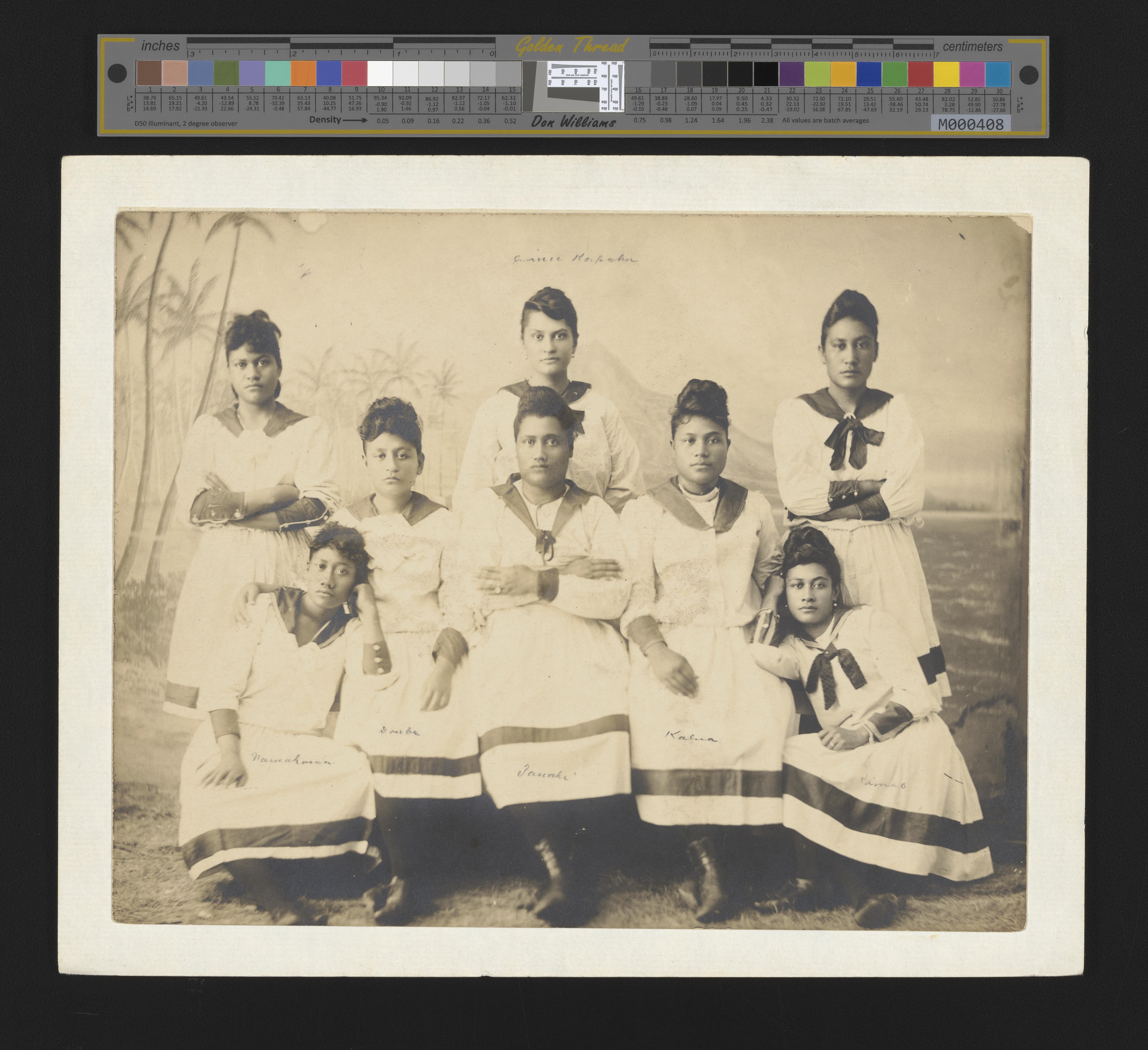 Eight female members of a Hula troupe in the late 1800s pose for a portrait.