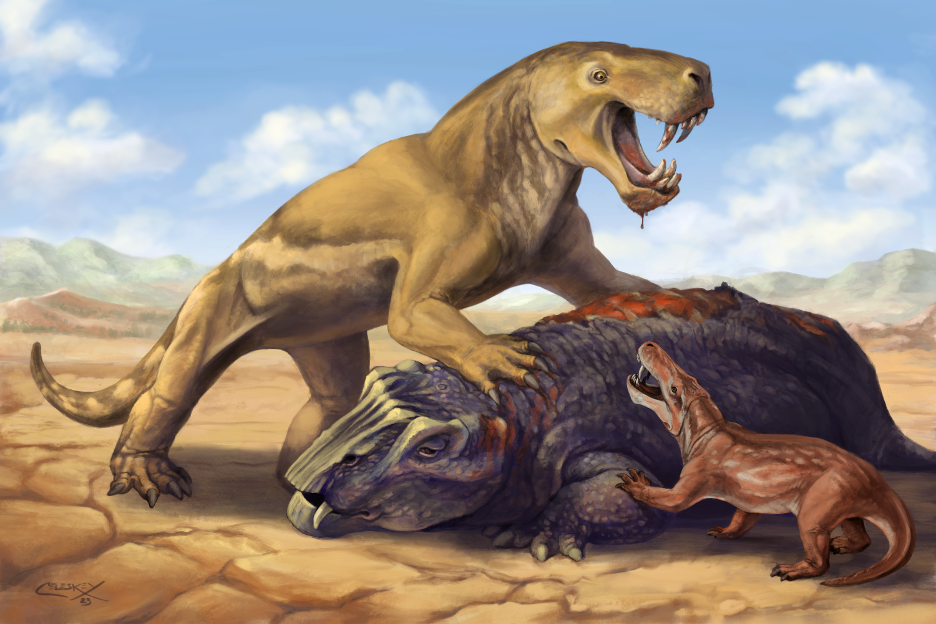 An illustration of a prehistoric predator standing over an animal that it killed. A smaller predator stands by.