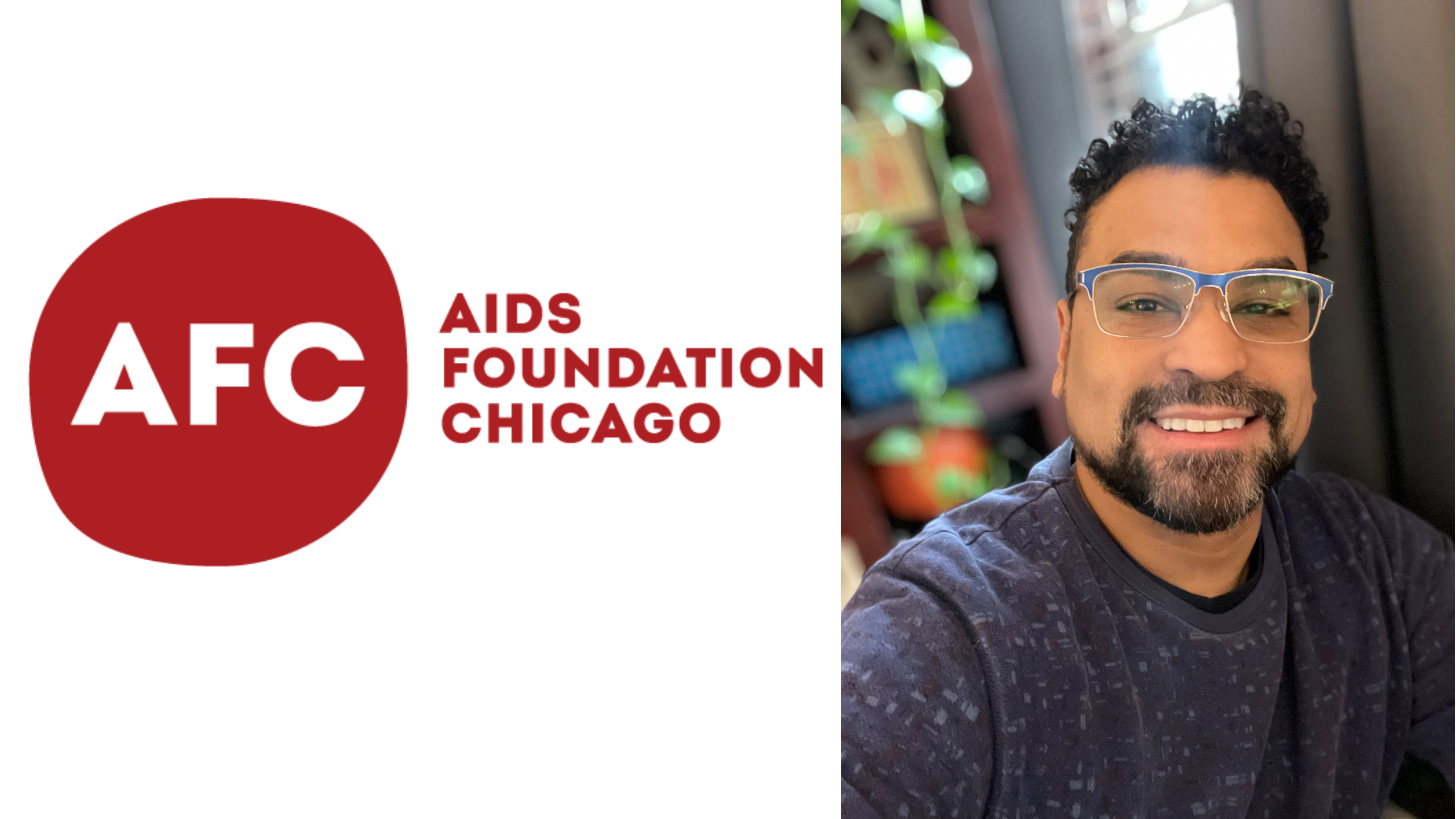 AIDS Foundation Chicago logo, with headshot of a bearded man wearing glasses