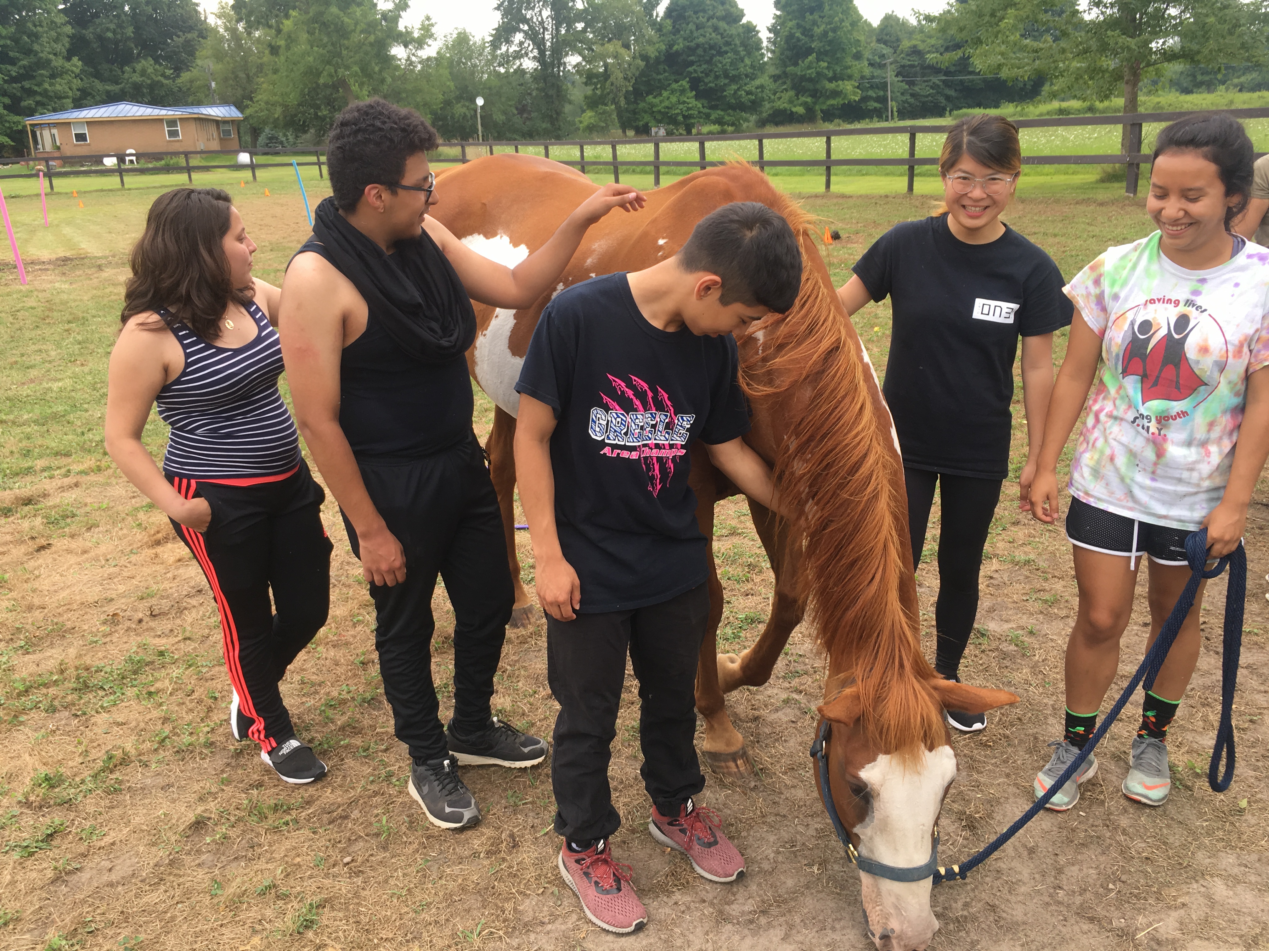 group of teenagers standing around and petting a horse