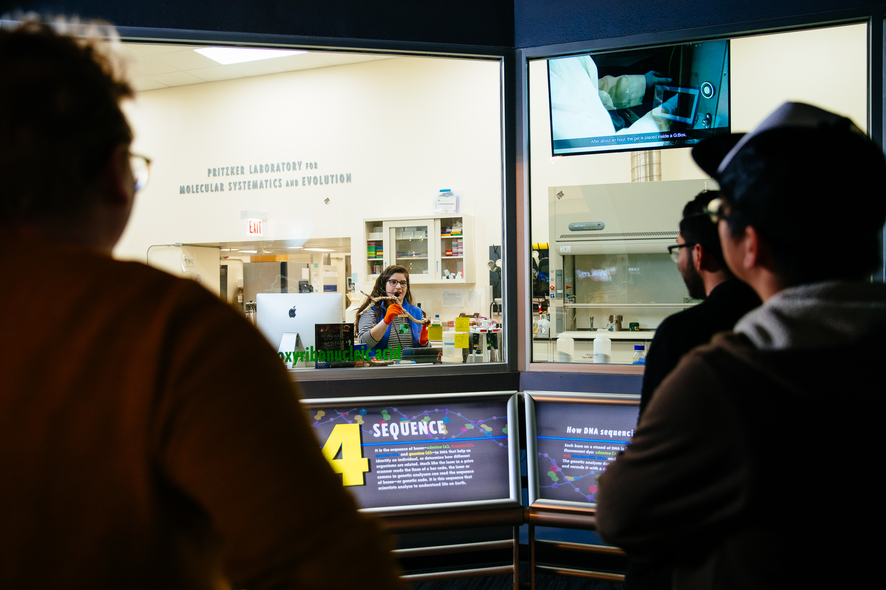 a woman working in a lab, behind windows; dark silouettes of on-lookers can be seen in the forground